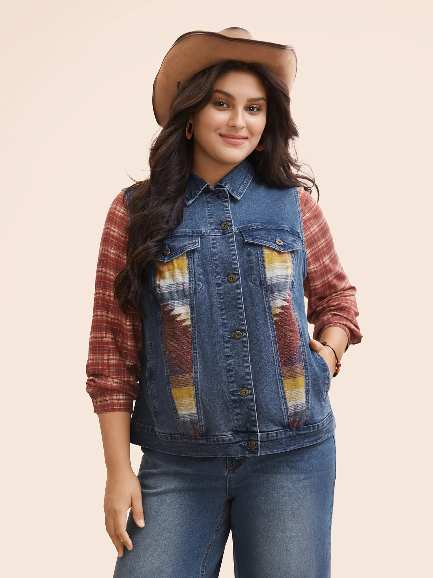 Stretch Denim Geometric Spilcing Pocket Jacket - Image 3