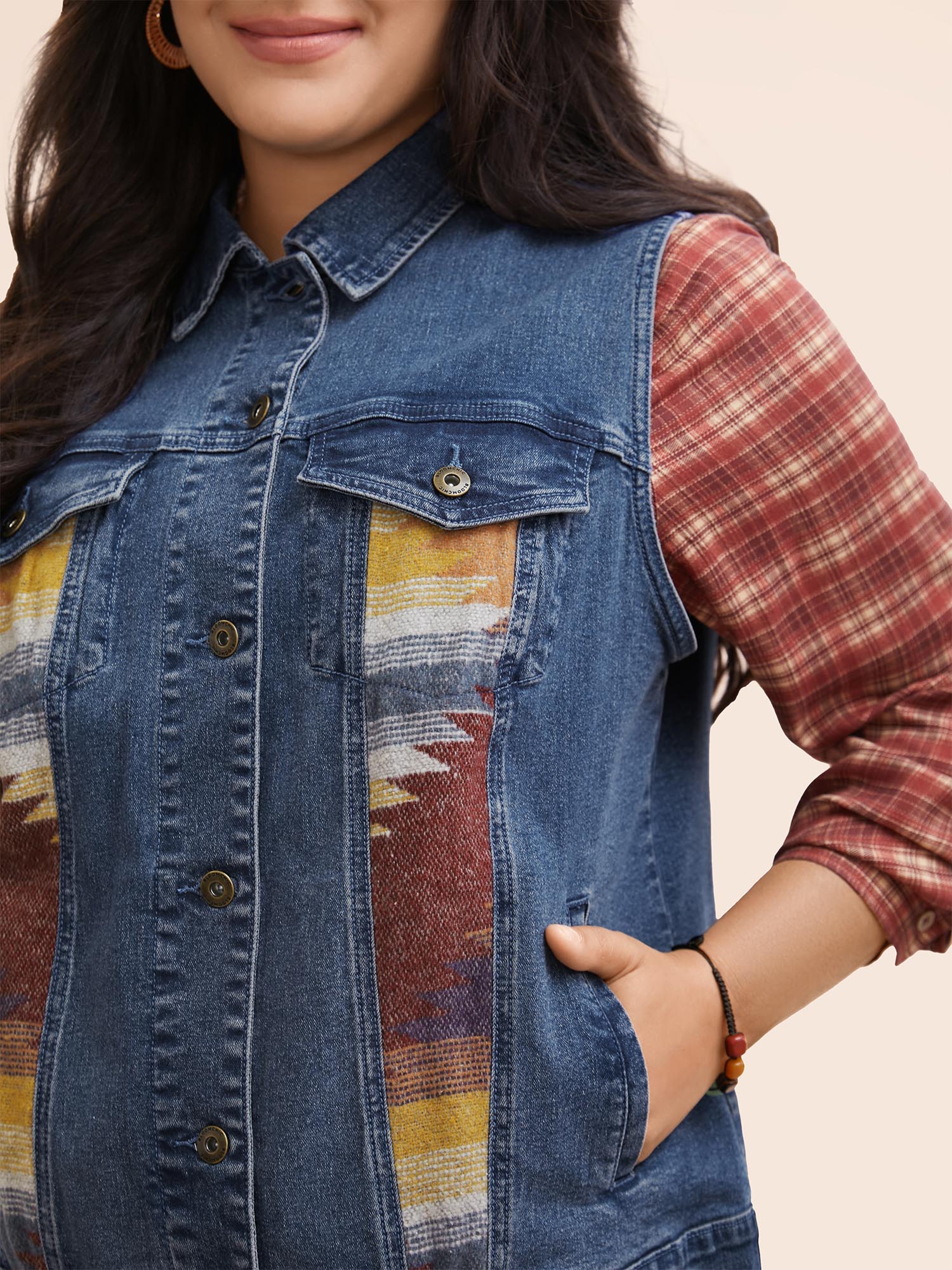 Stretch Denim Geometric Spilcing Pocket Jacket - Image 4