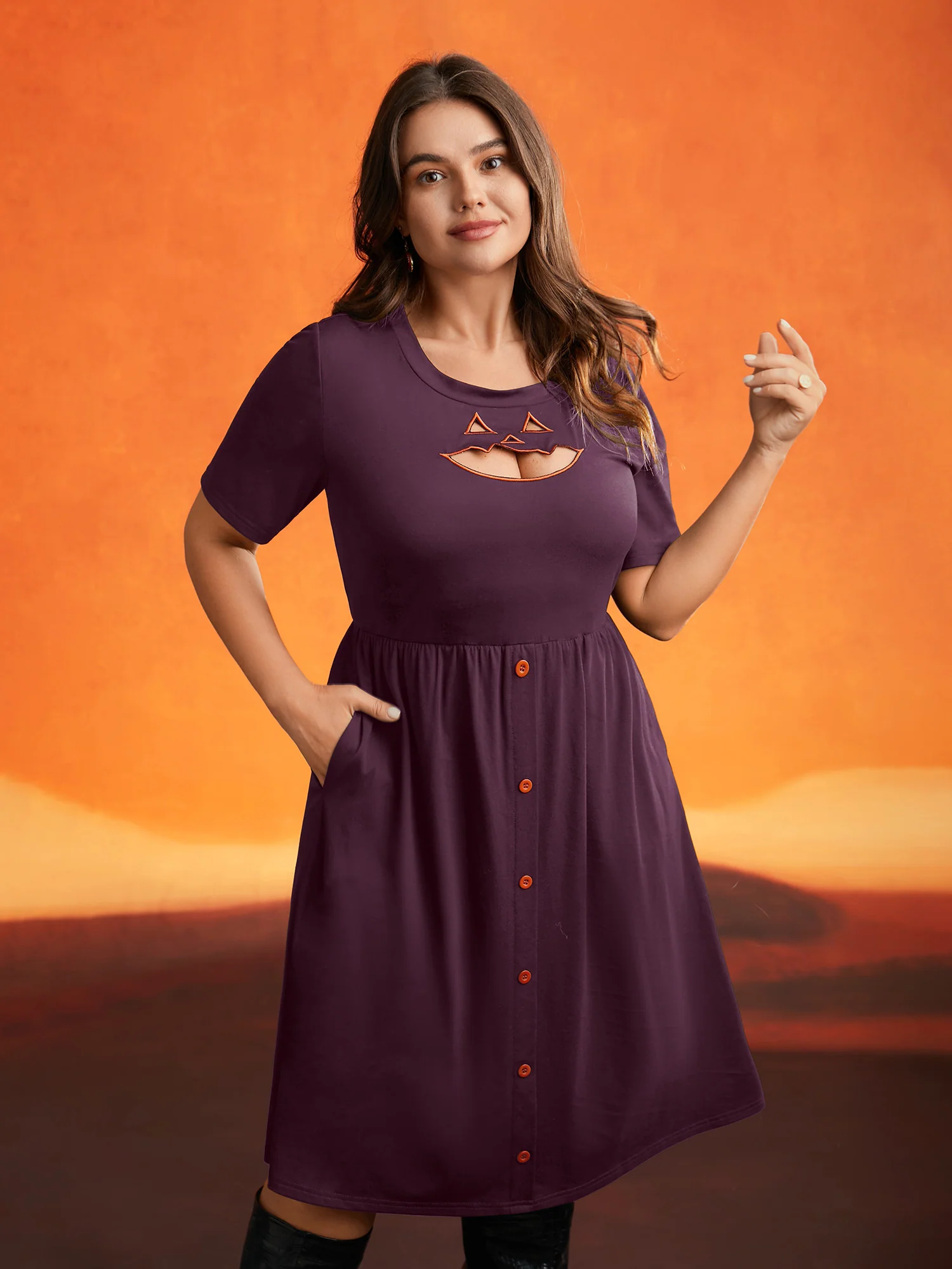Stretch Fabric Pumpkin Cut Out Midi Dress - Image 13