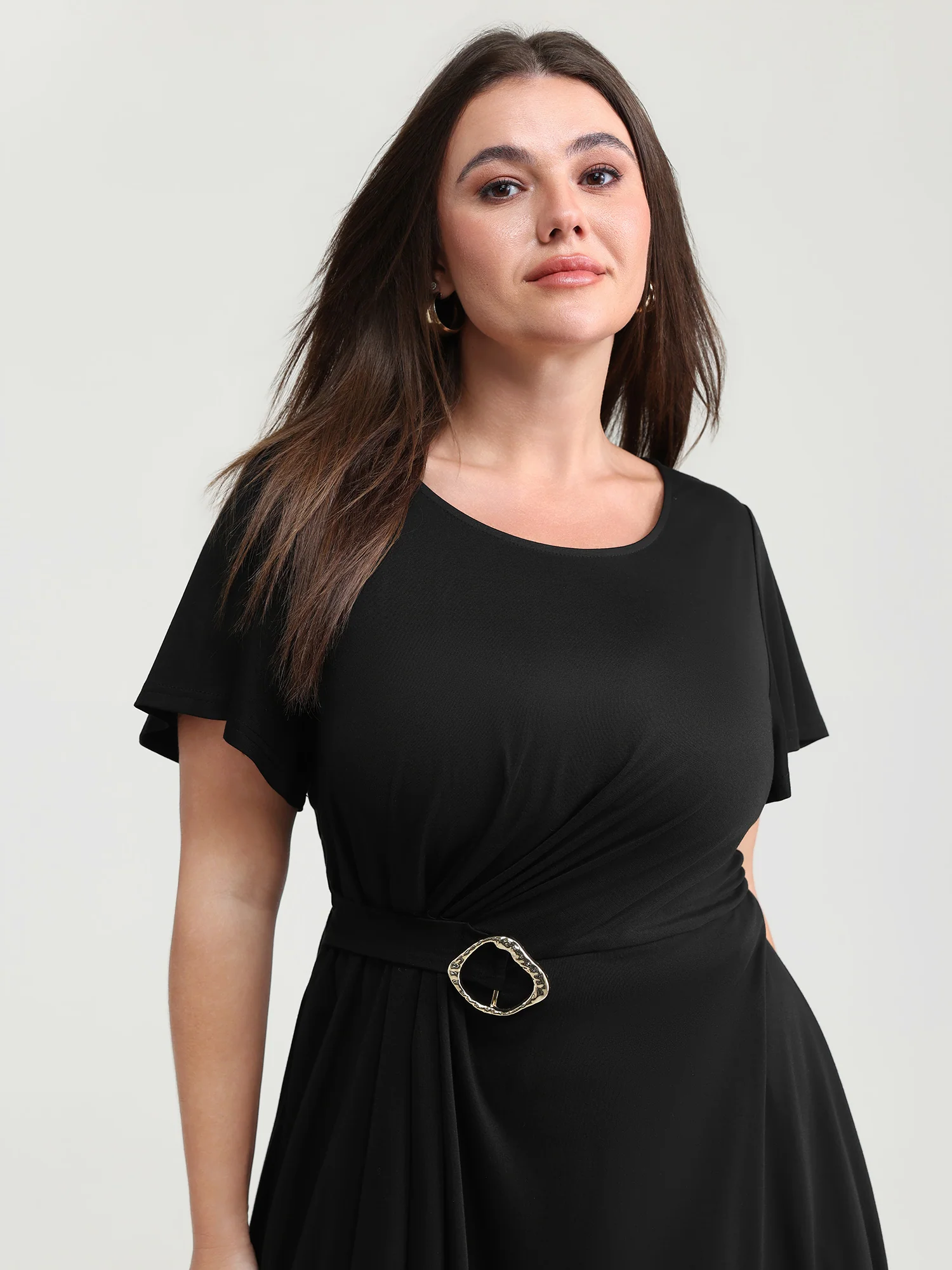 Stretch Knit Pockets Waist-Buckle Mini Dress - Image 2