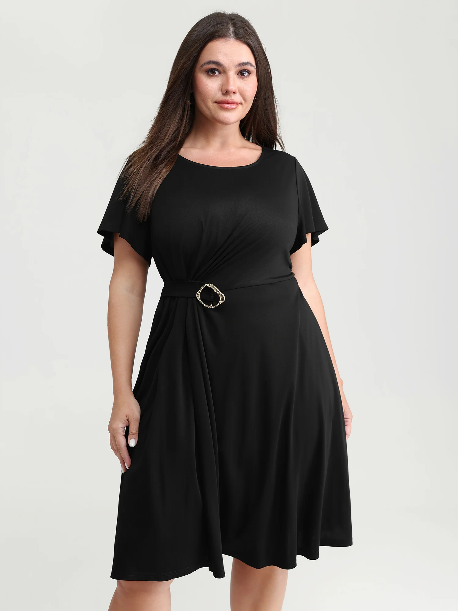 Stretch Knit Pockets Waist-Buckle Mini Dress - Image 3