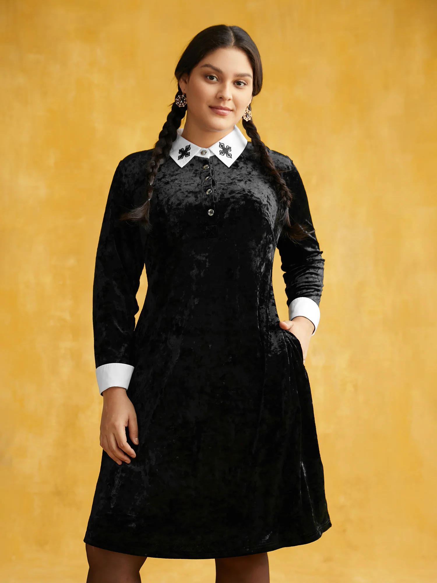 Stretch Velvet Collared Midi Dress