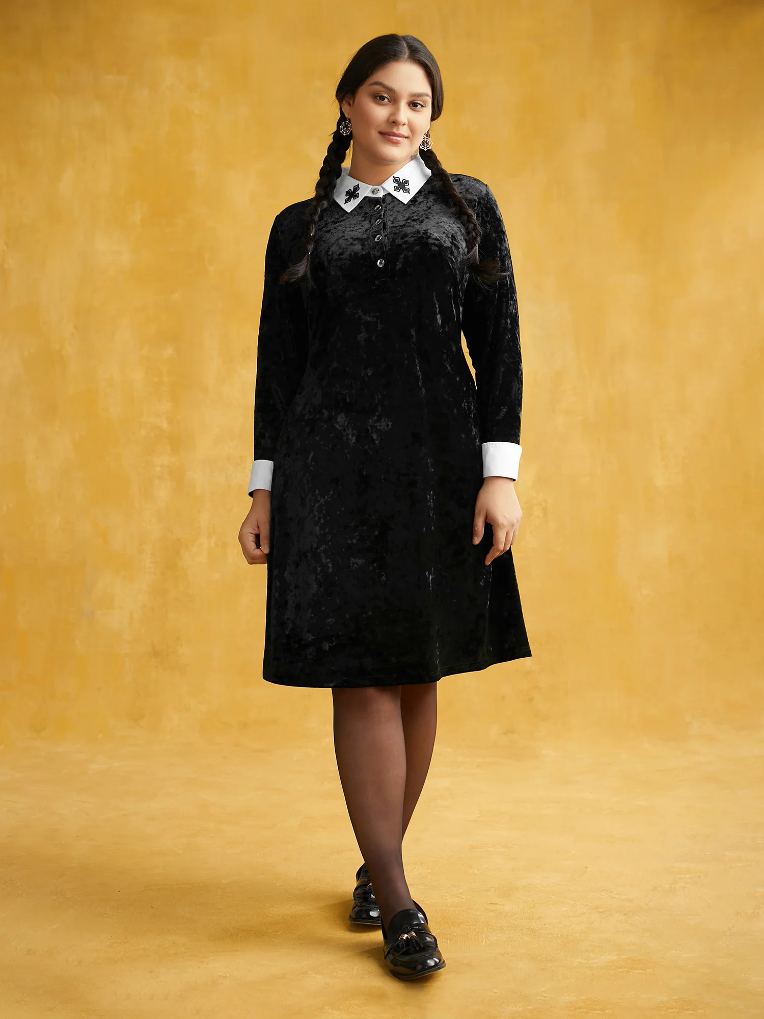 Stretch Velvet Collared Midi Dress - Image 2
