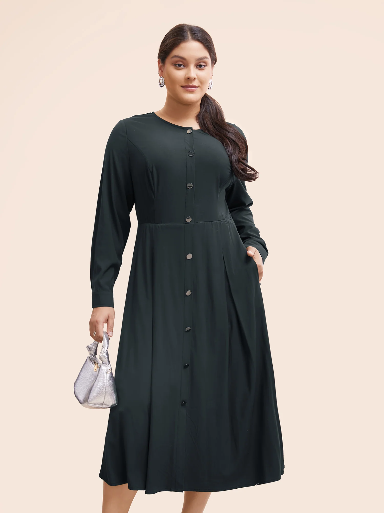 Stretch Woven Button Pleated Midi Dress - Image 2