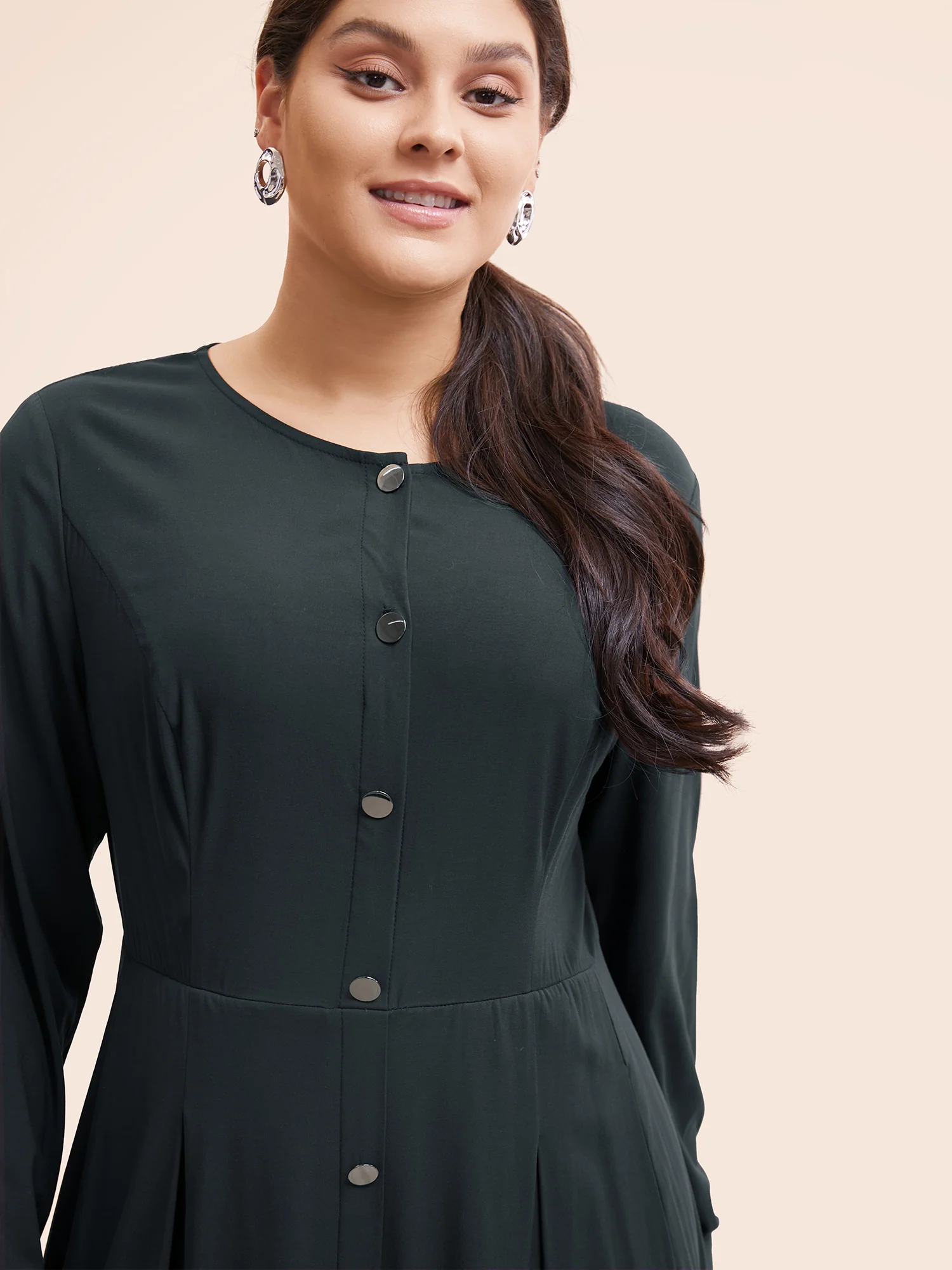 Stretch Woven Button Pleated Midi Dress - Image 3
