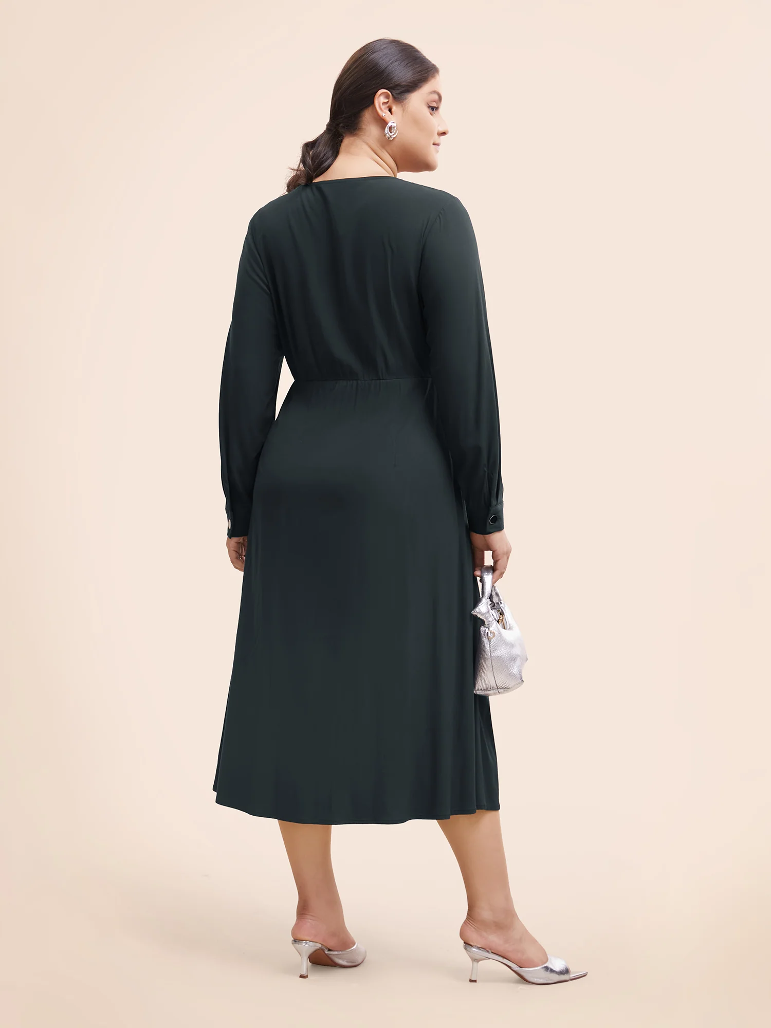 Stretch Woven Button Pleated Midi Dress - Image 5