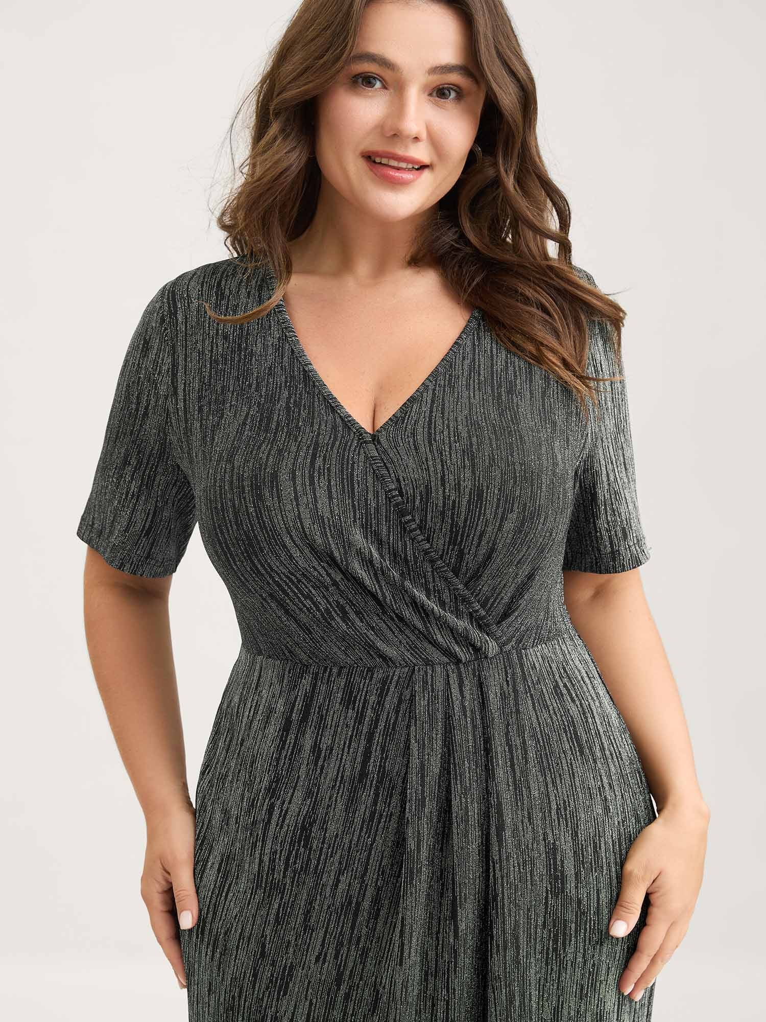 Stretchy Asymmetrical Hem Surplice Midi Dress - Image 2
