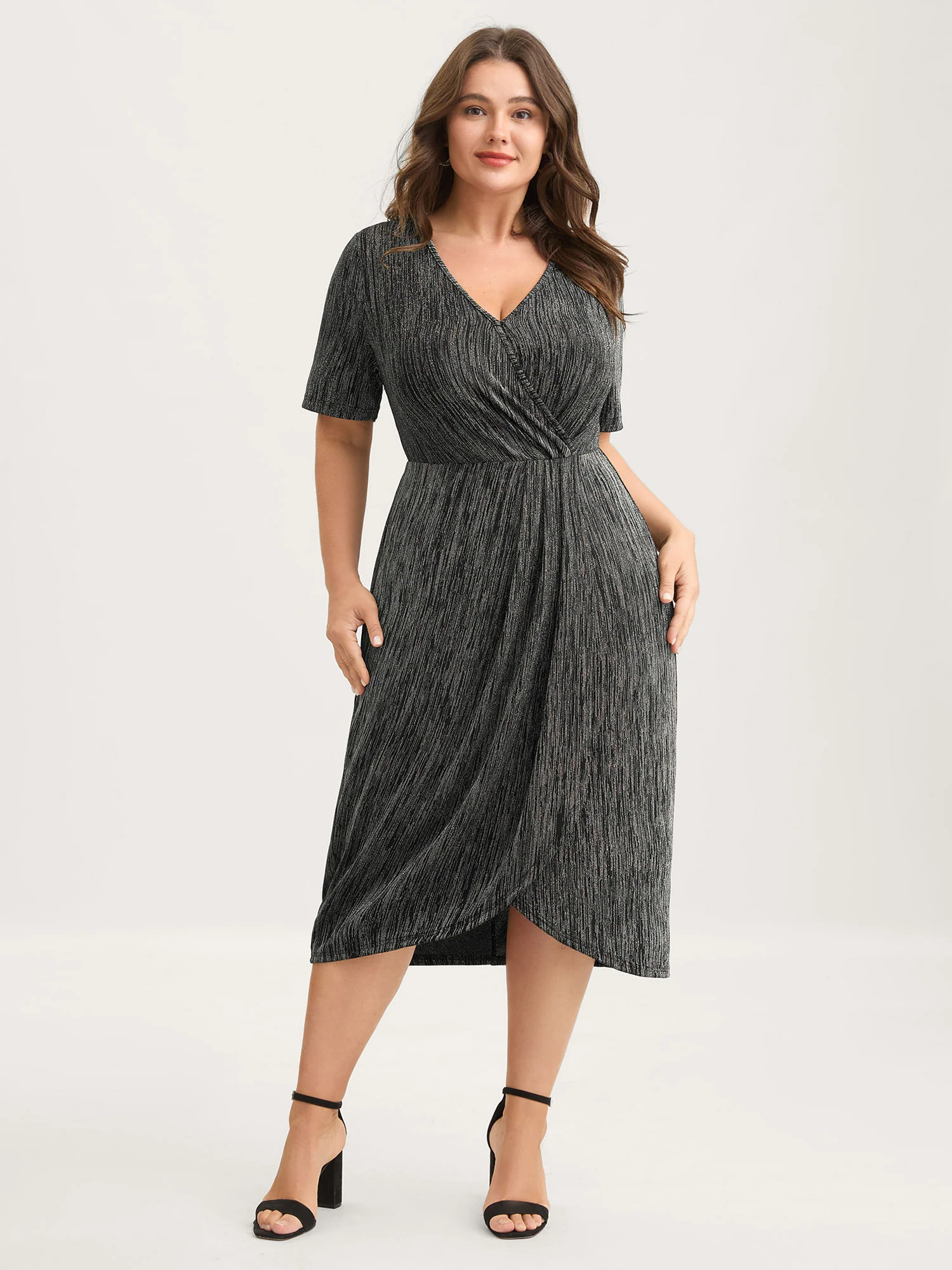 Stretchy Asymmetrical Hem Surplice Midi Dress - Image 3