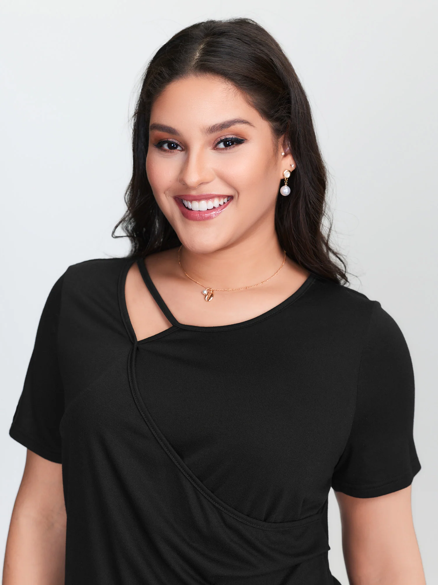 Stretchy Asymmetrical Neckline Slit Knit Top - Image 2