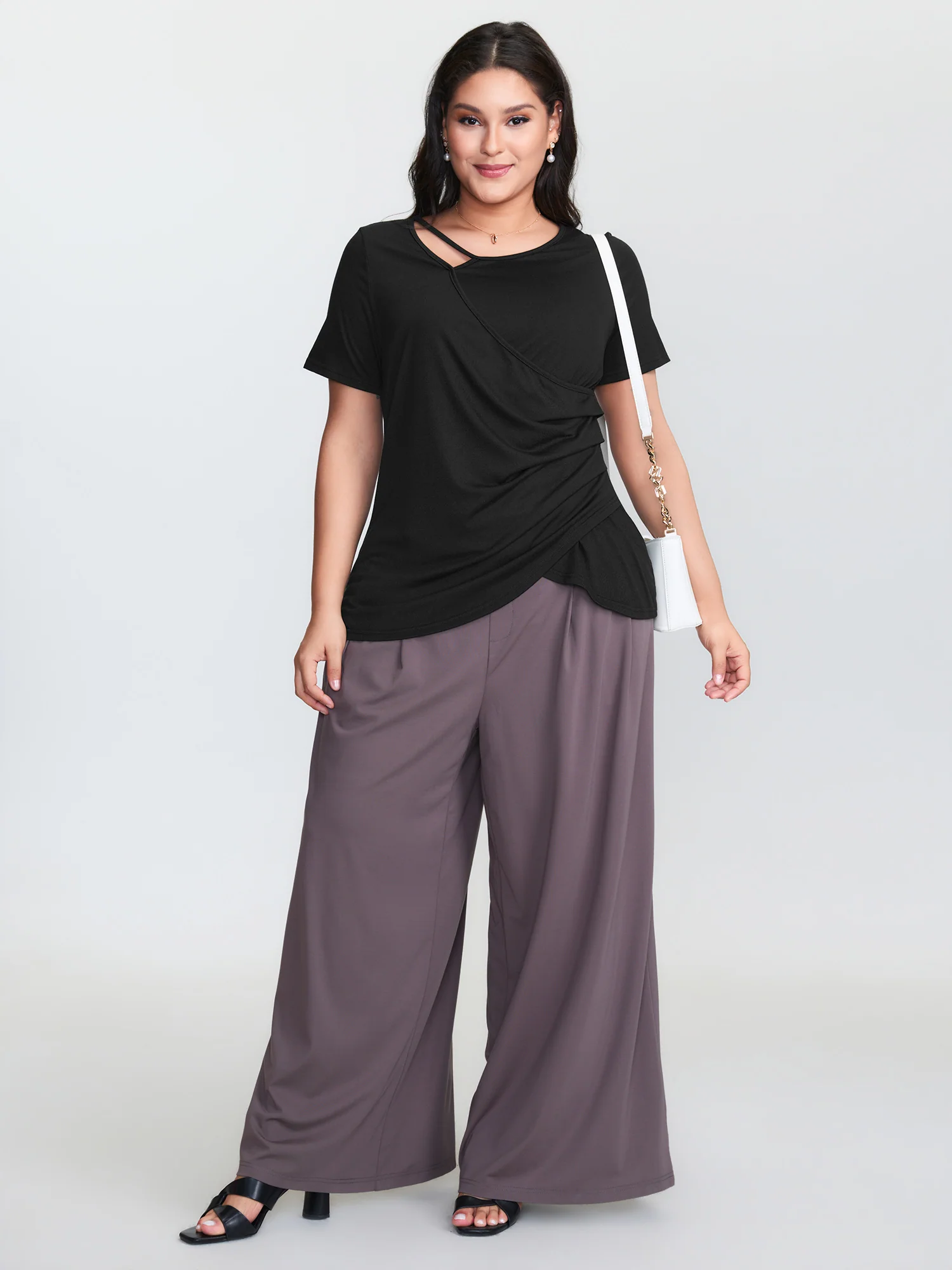 Stretchy Asymmetrical Neckline Slit Knit Top - Image 3