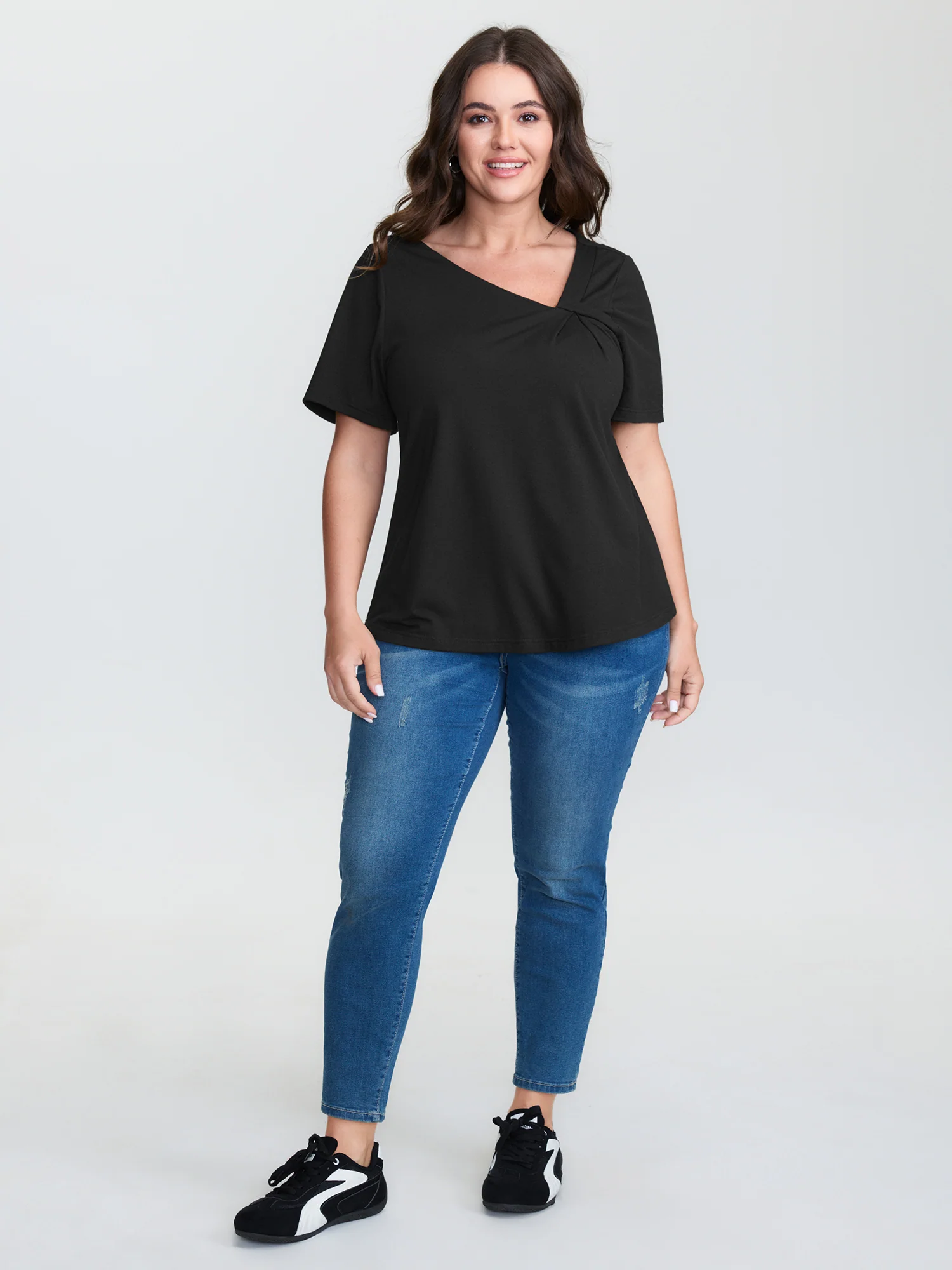 Stretchy Asymmetrical Neckline T-Shirt - Image 4