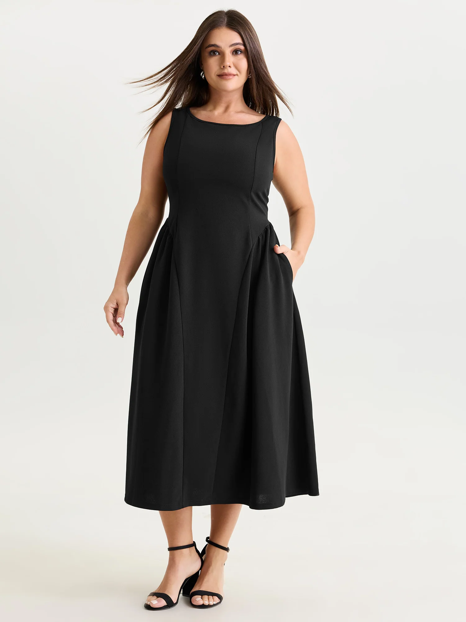 Stretchy Boat Neckline Flowy Midi Dress