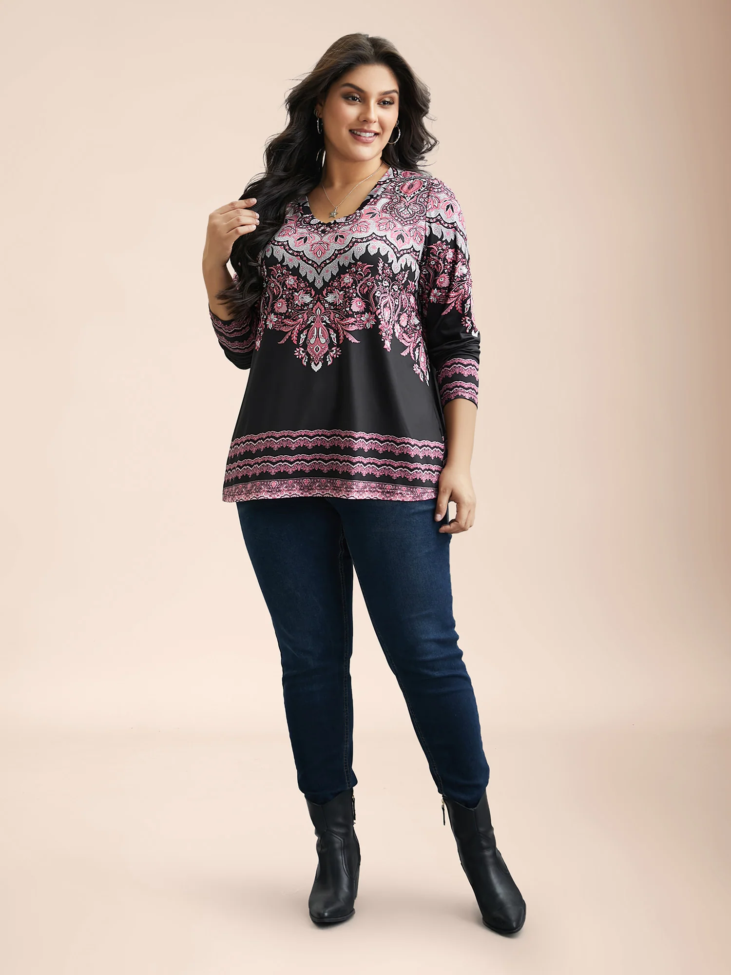 Stretchy Boho Print Full Sleeve T-Shirt - Image 4