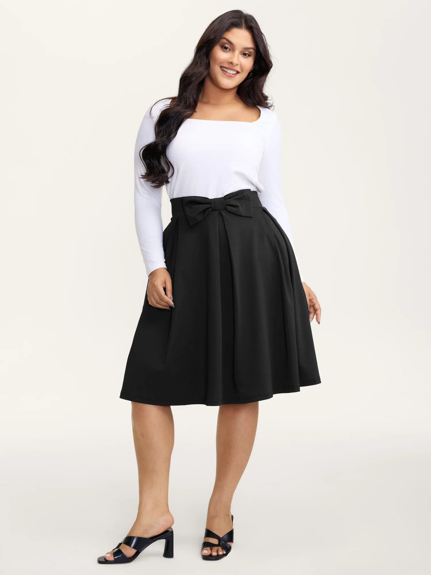 Stretchy Bow Detail Pleated Midi Skirt - Image 2