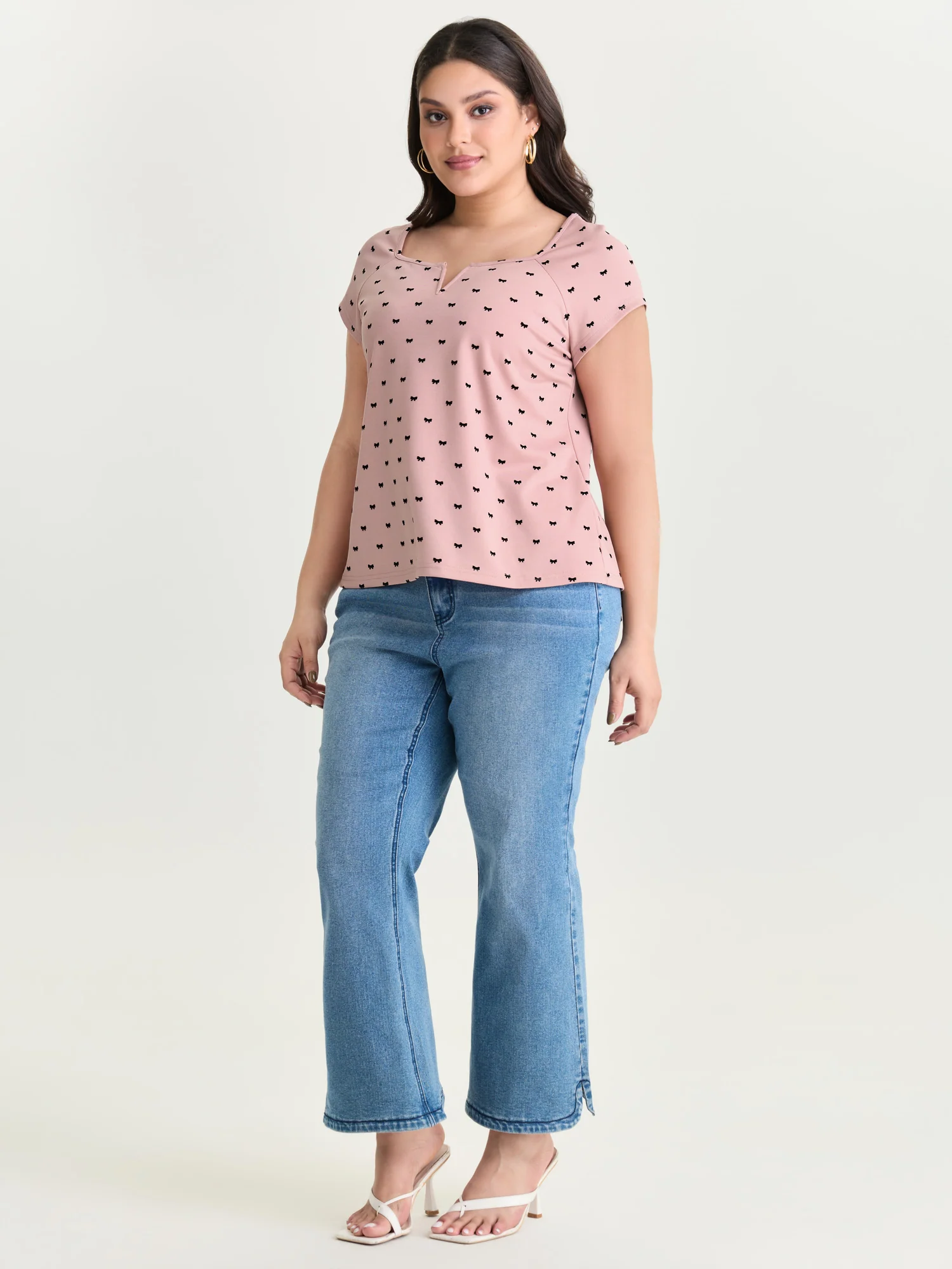 Stretchy Bowknot Print Split Neck T-Shirt - Image 3