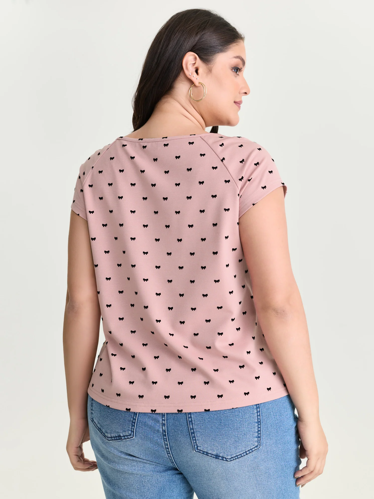 Stretchy Bowknot Print Split Neck T-Shirt - Image 5