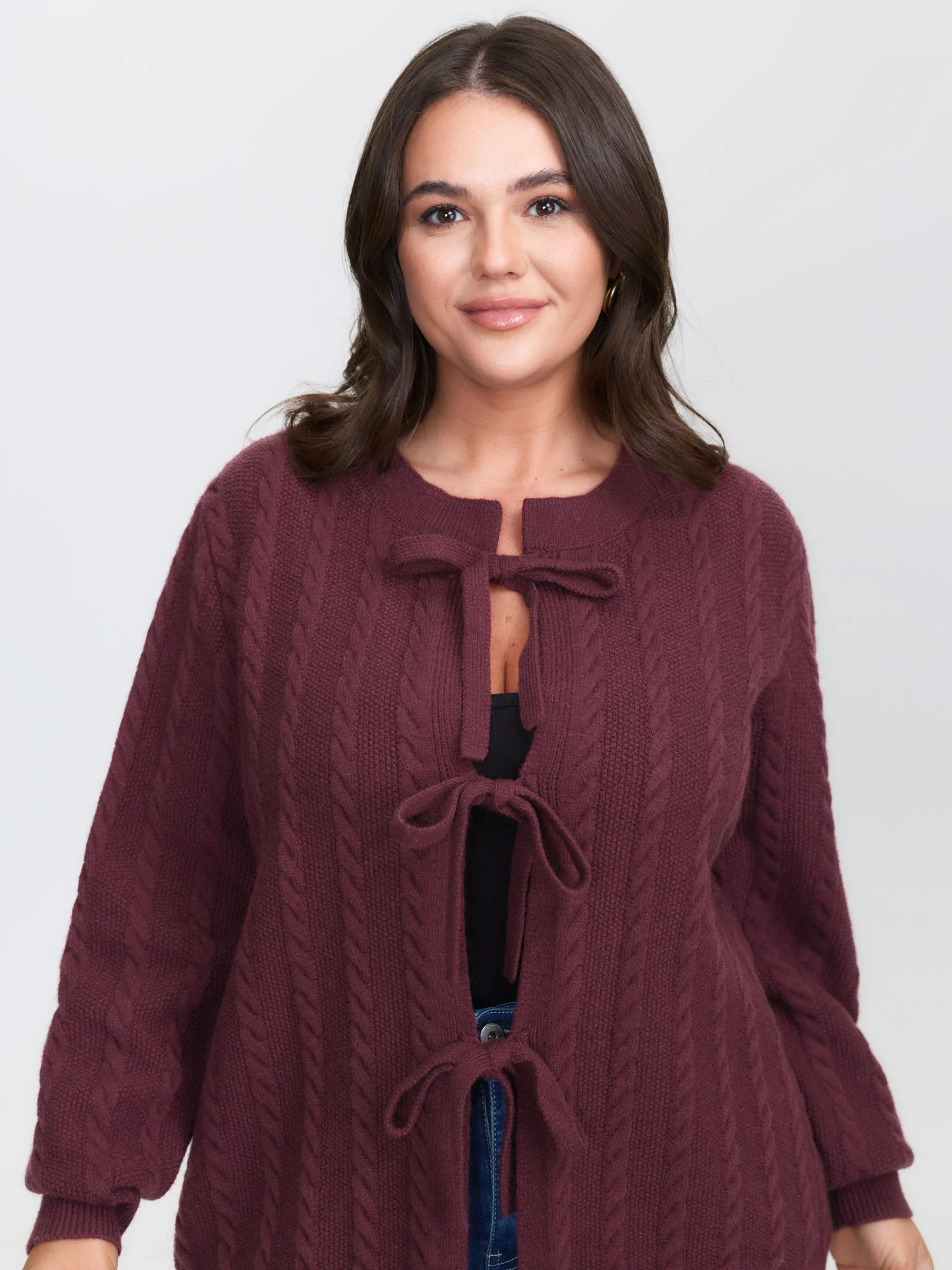 Stretchy Braided Textured Front-Tie Knit Cardigan - Image 2