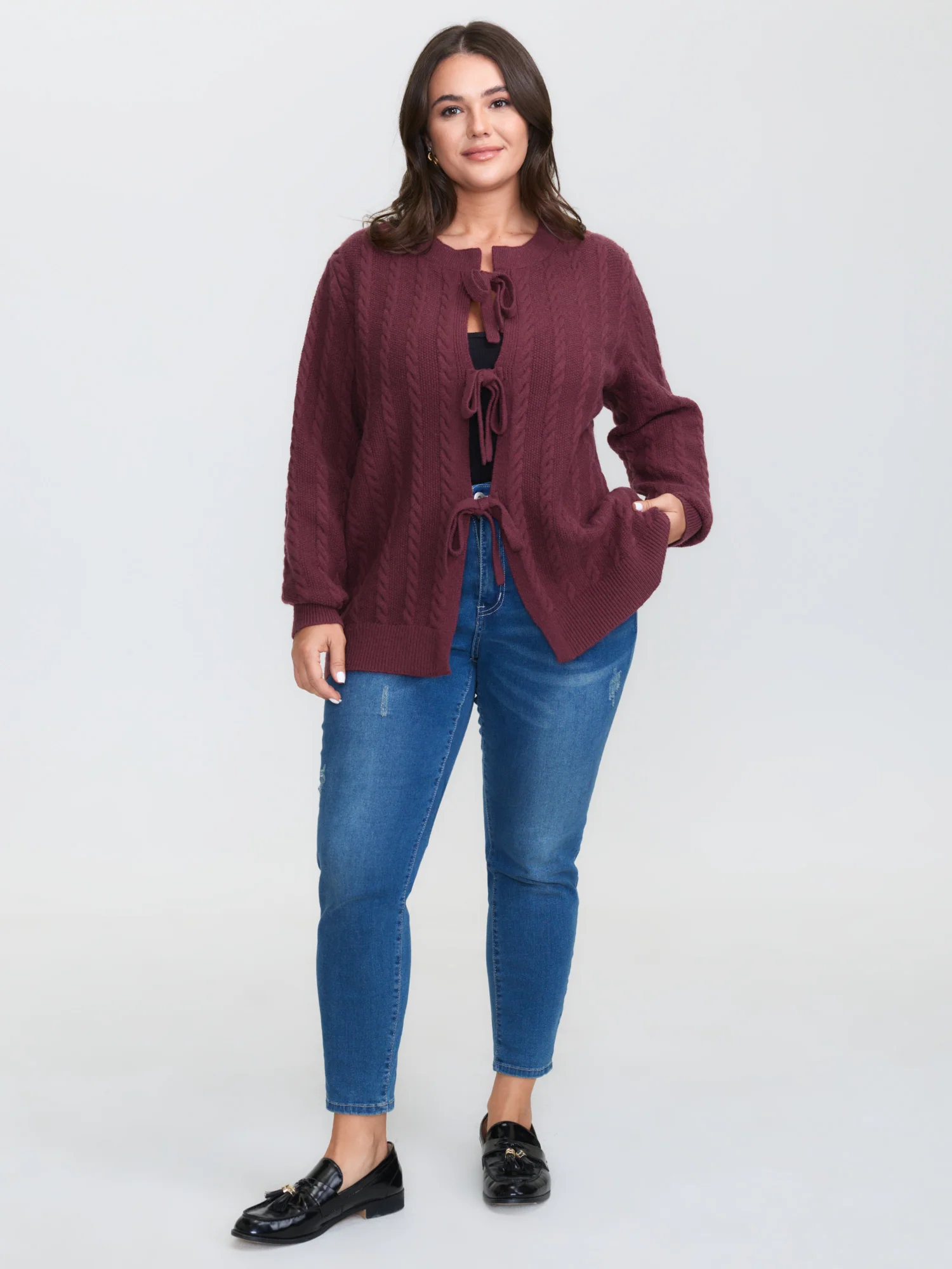 Stretchy Braided Textured Front-Tie Knit Cardigan - Image 3