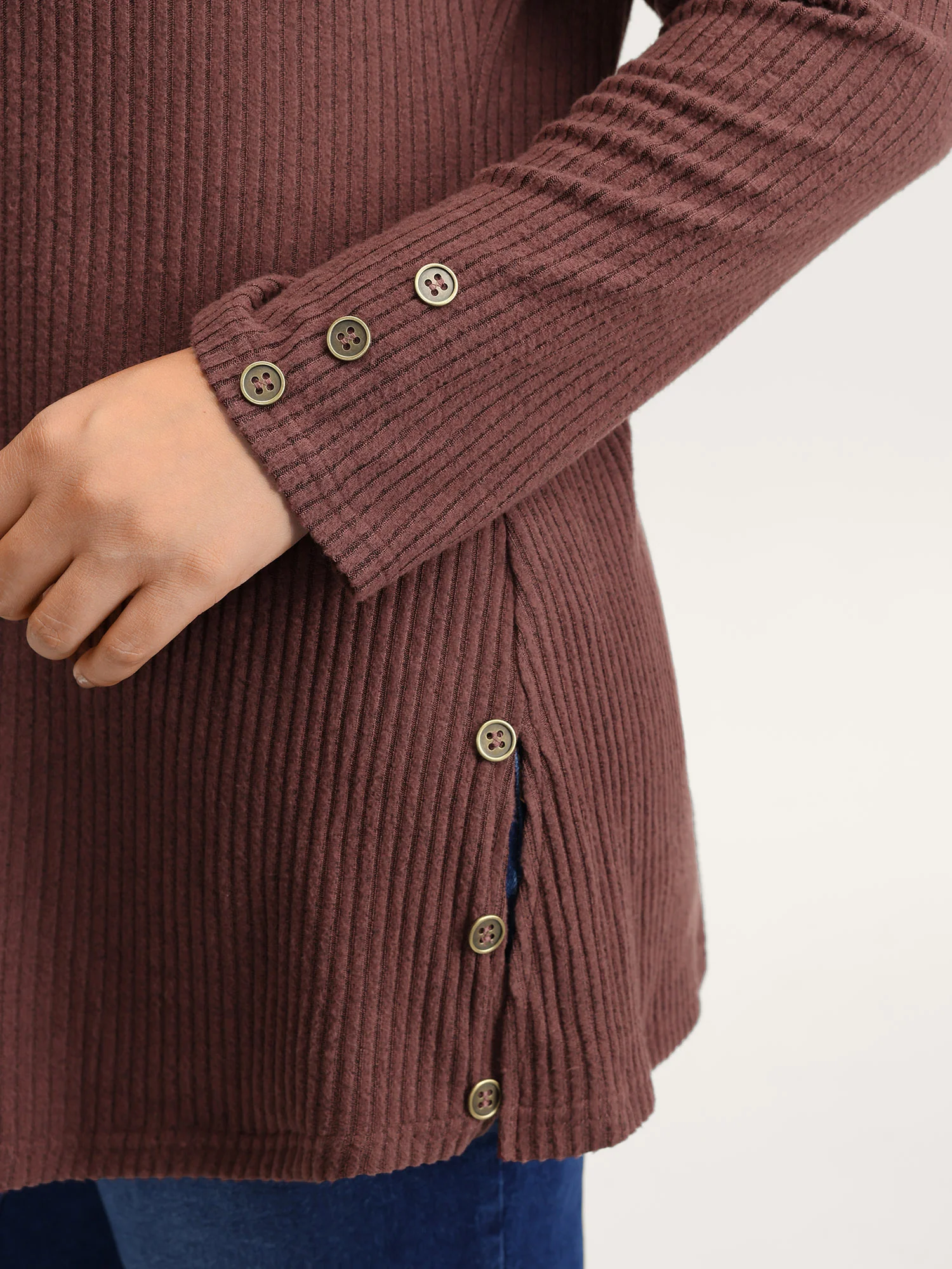 Stretchy Brushed Ribbed Button Detail T-Shirt - Image 2