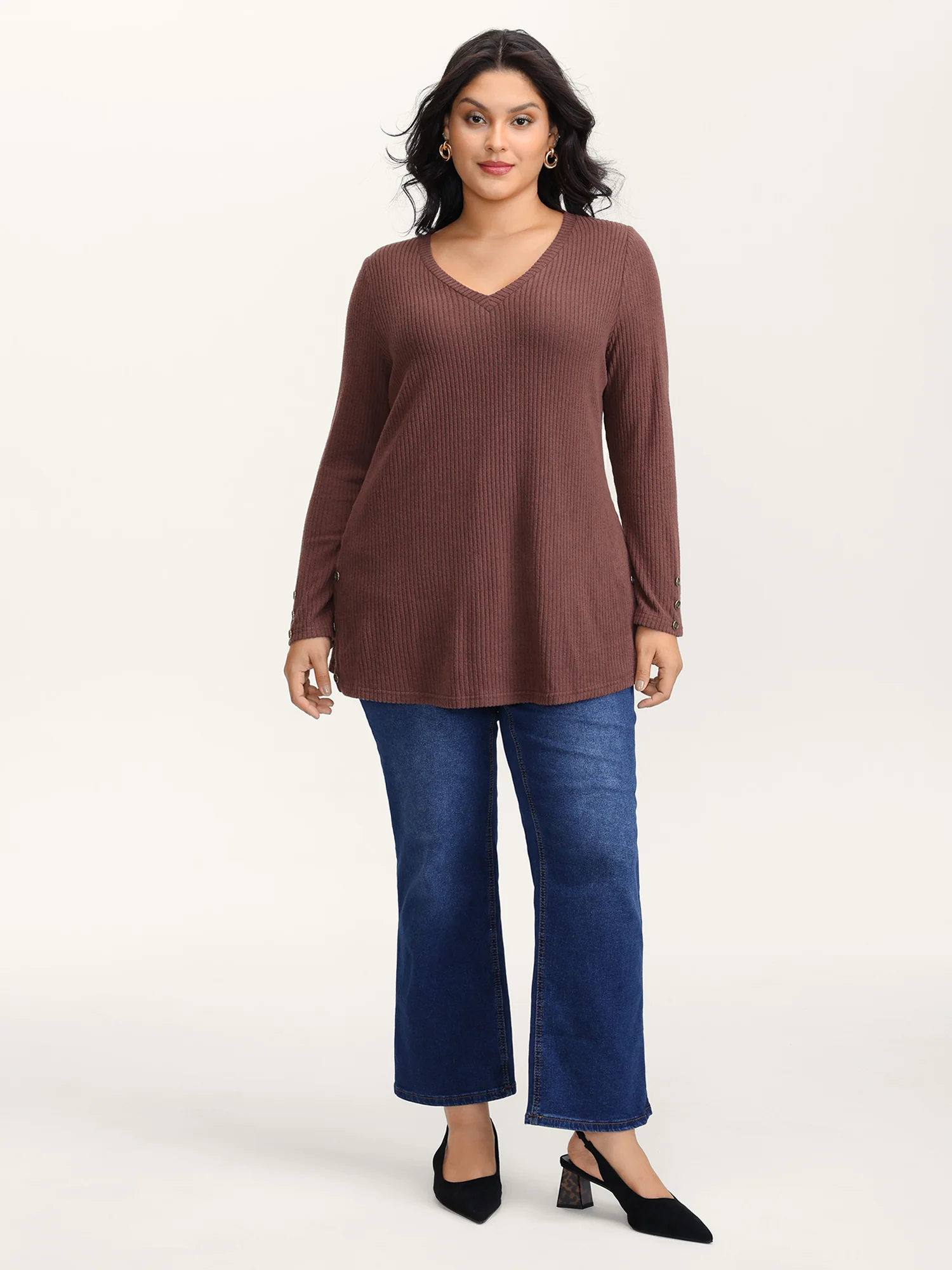 Stretchy Brushed Ribbed Button Detail T-Shirt - Image 4