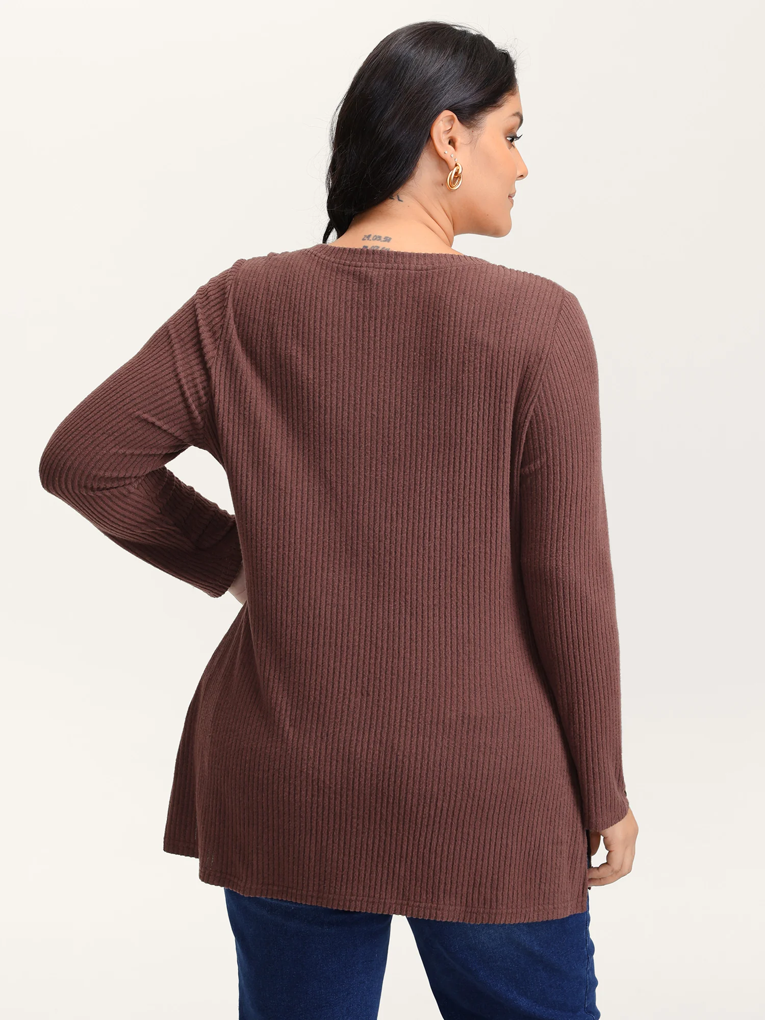 Stretchy Brushed Ribbed Button Detail T-Shirt - Image 5