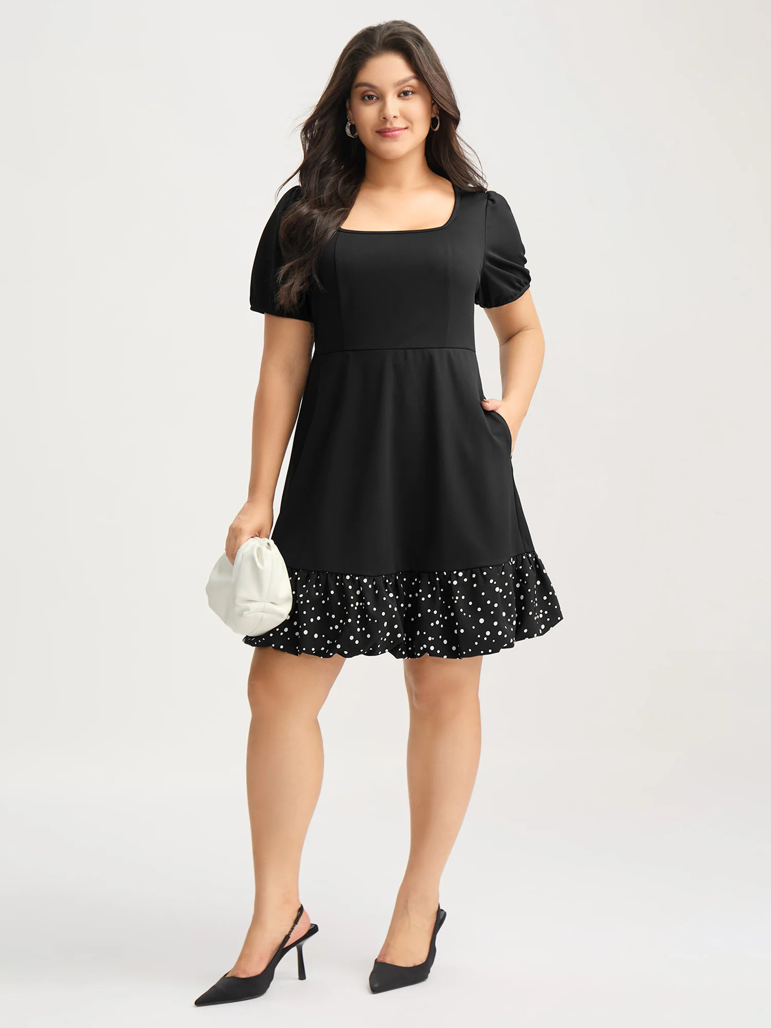 Stretchy Bubble Hem Polka Dots Mini Dress - Image 3