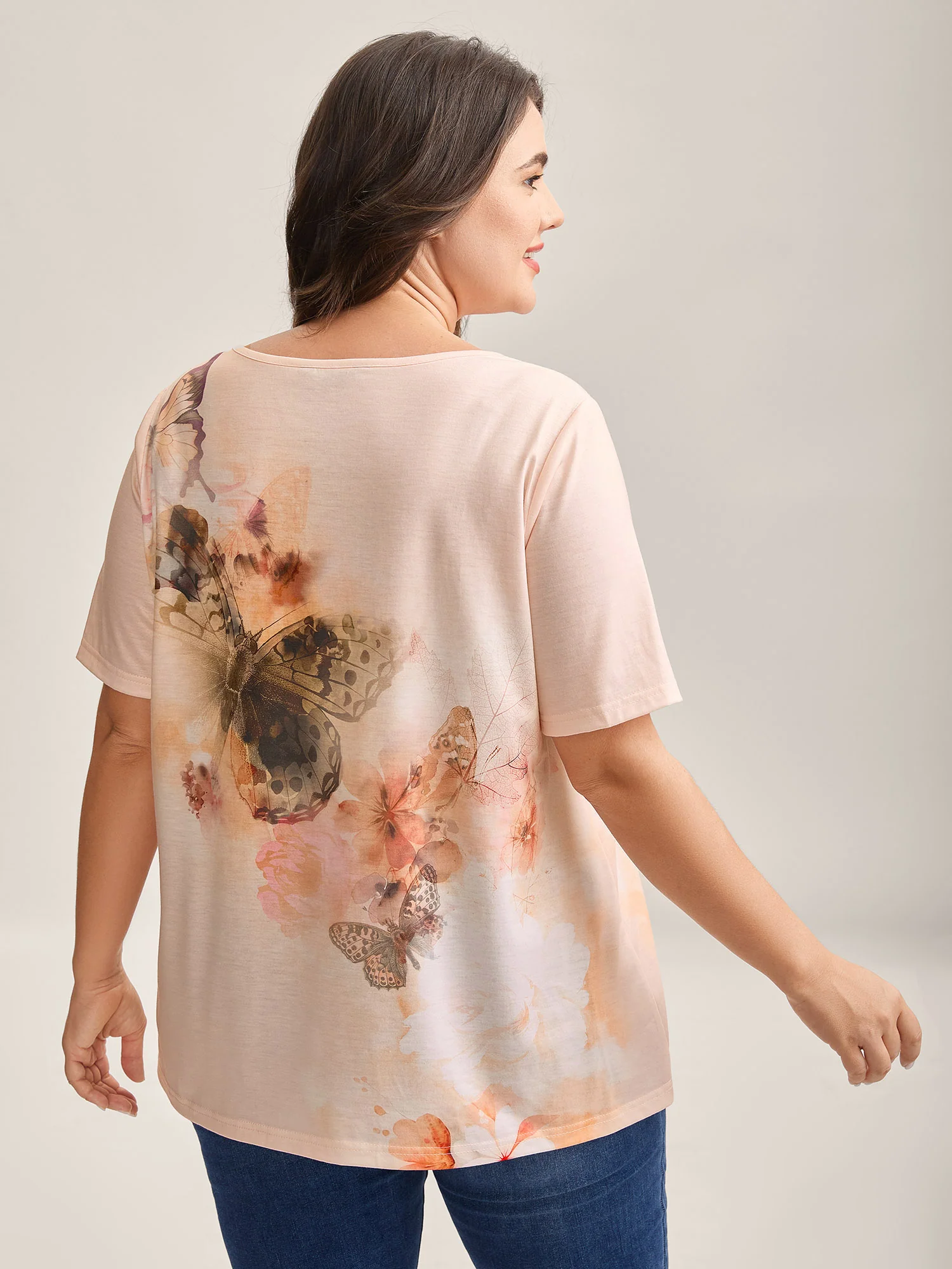 Stretchy Butterfly Print V Neck T-Shirt - Image 5