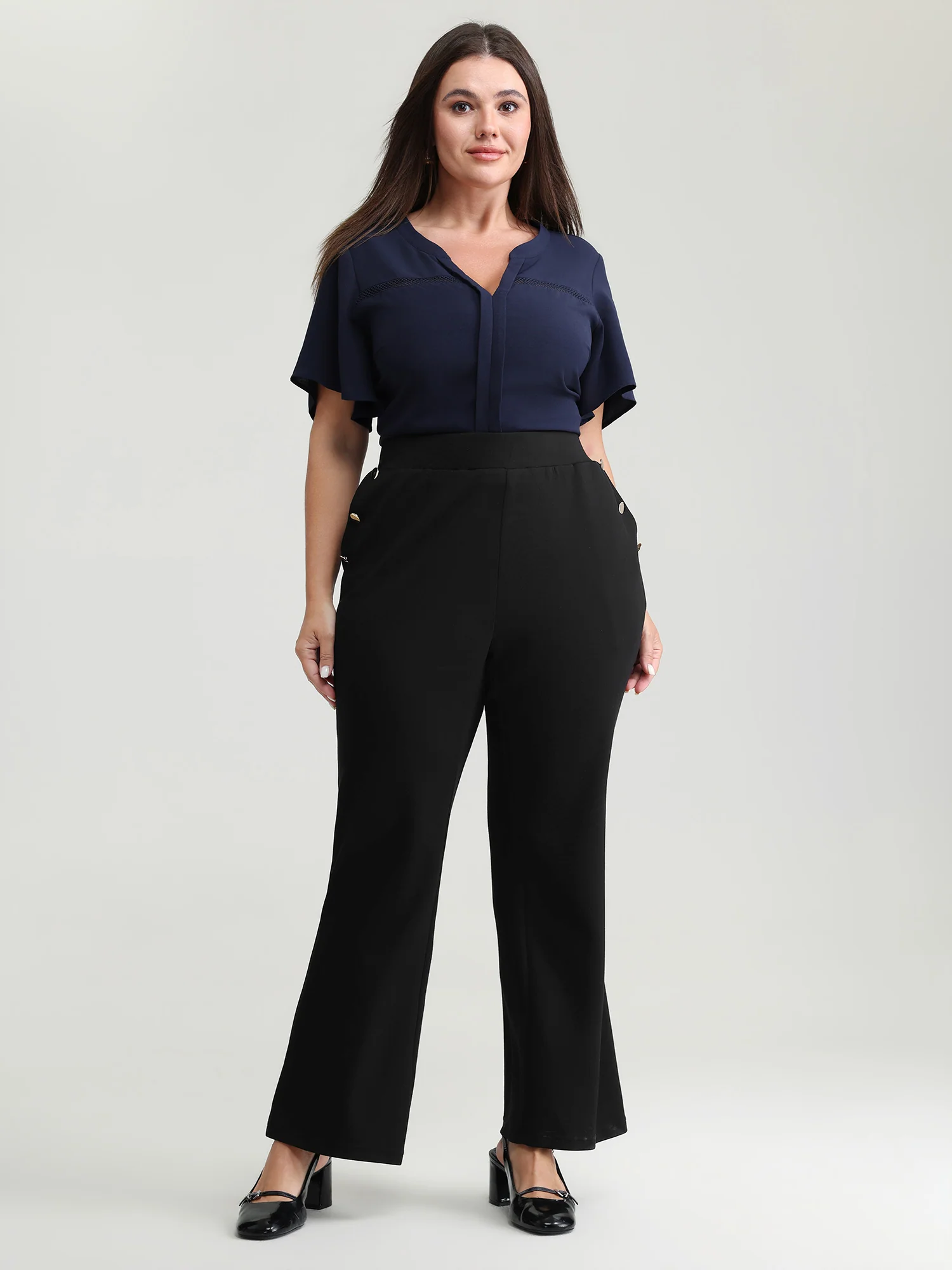Stretchy Button Detail Bootcut Pants - Image 2