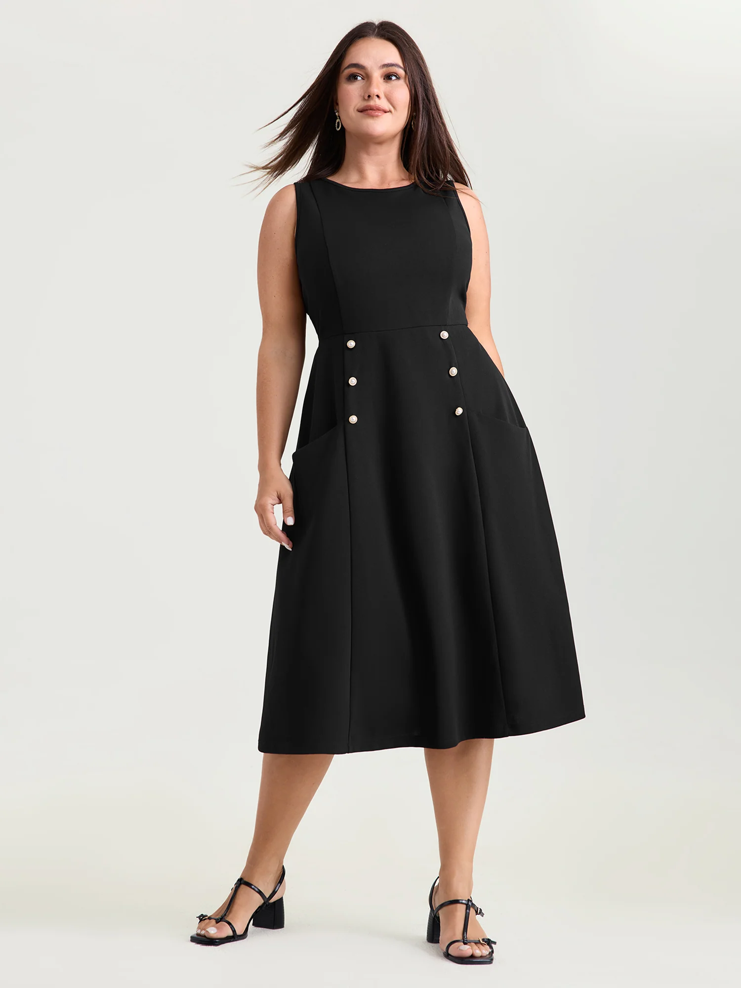 Stretchy Button Detail Fit And Flare Midi Dress - Image 3