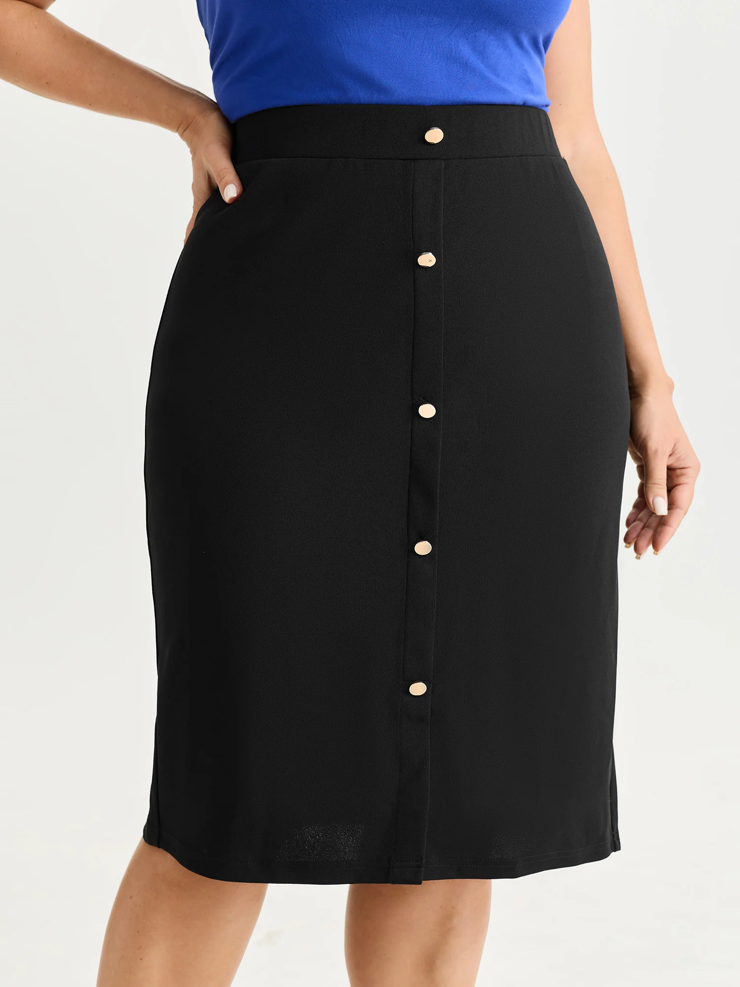 Stretchy Button Detail Straight-Fit Midi Skirt - Image 2