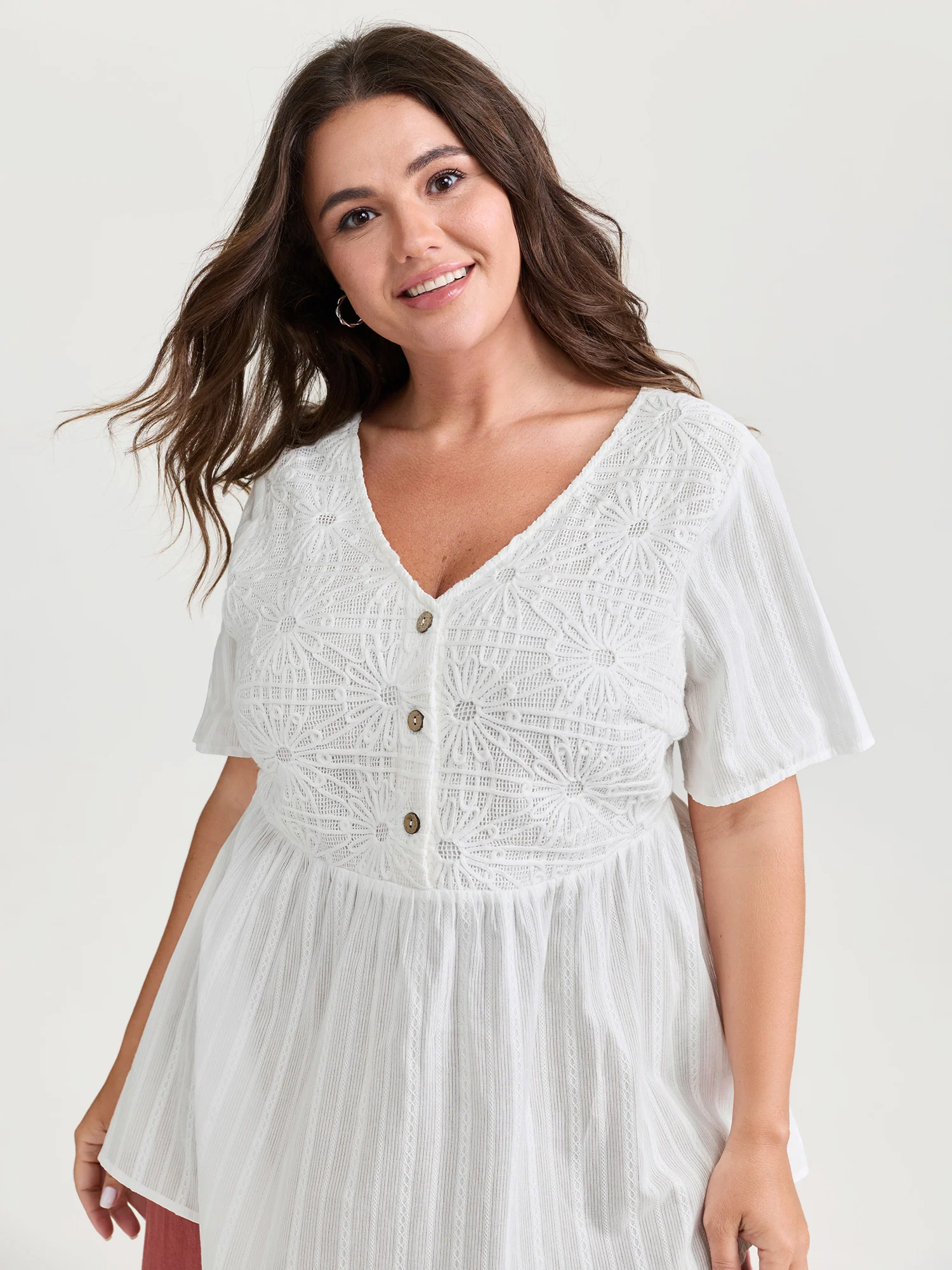 Cotton Stretchy Button Detail V-Neck Knit Top - Image 2