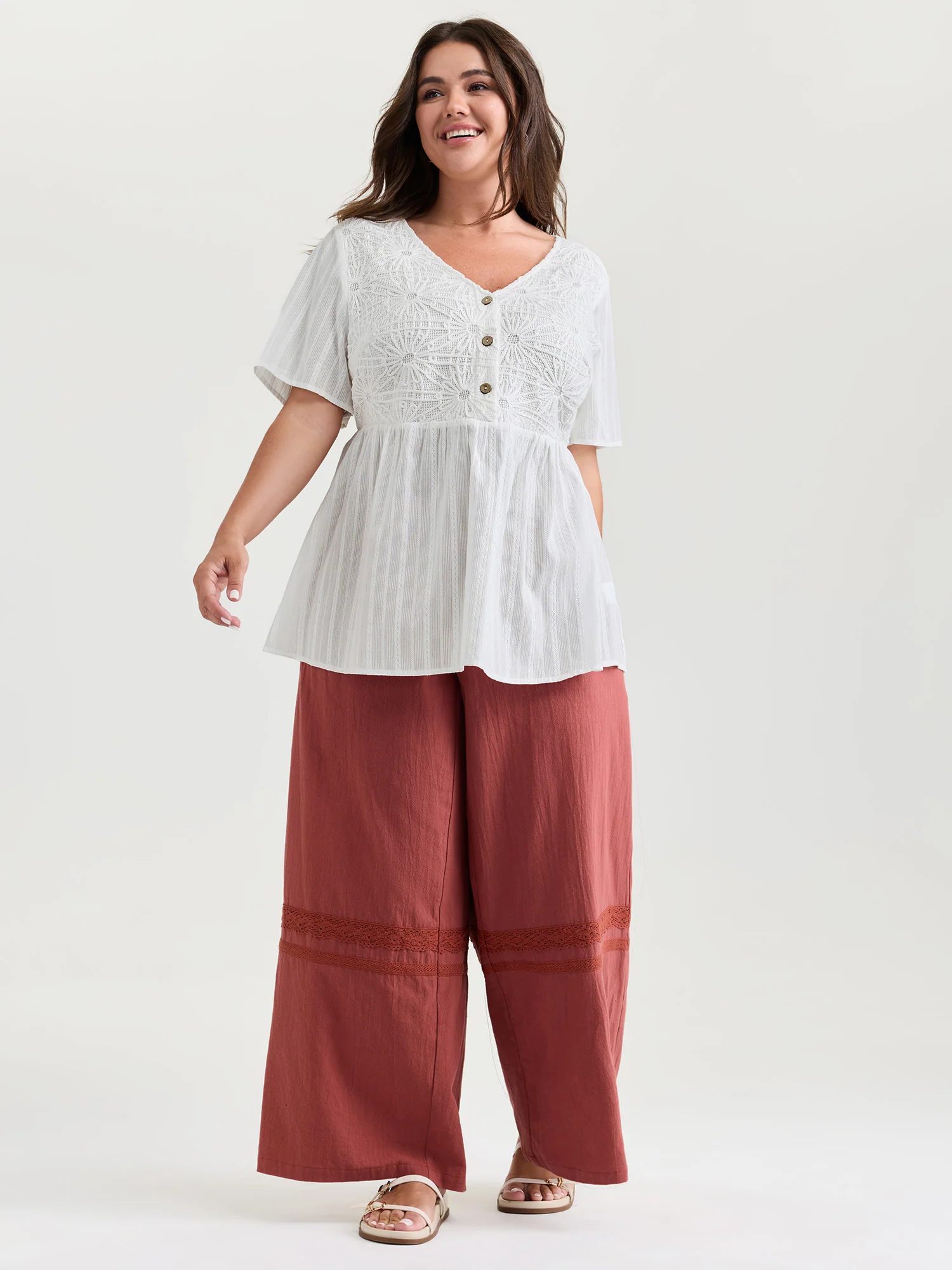 Cotton Stretchy Button Detail V-Neck Knit Top - Image 3