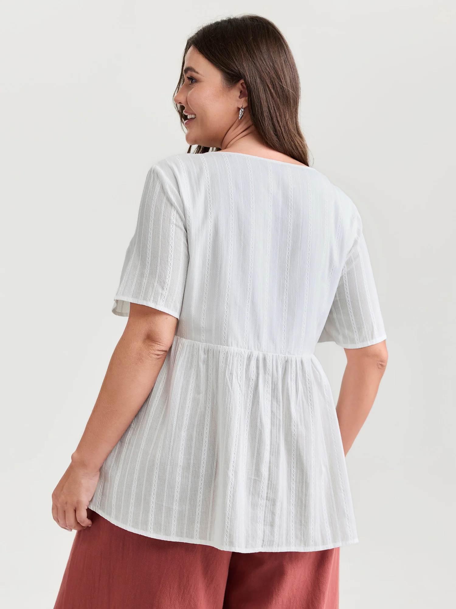 Cotton Stretchy Button Detail V-Neck Knit Top - Image 4