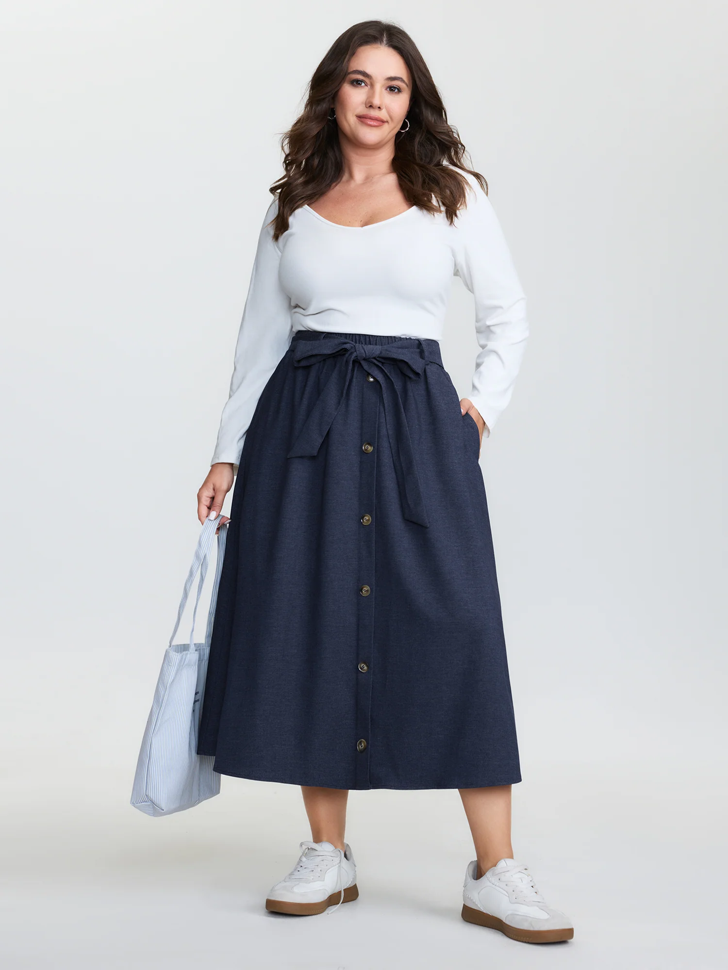 Stretchy Button Detail Waist-Tie Maxi Skirt - Image 2