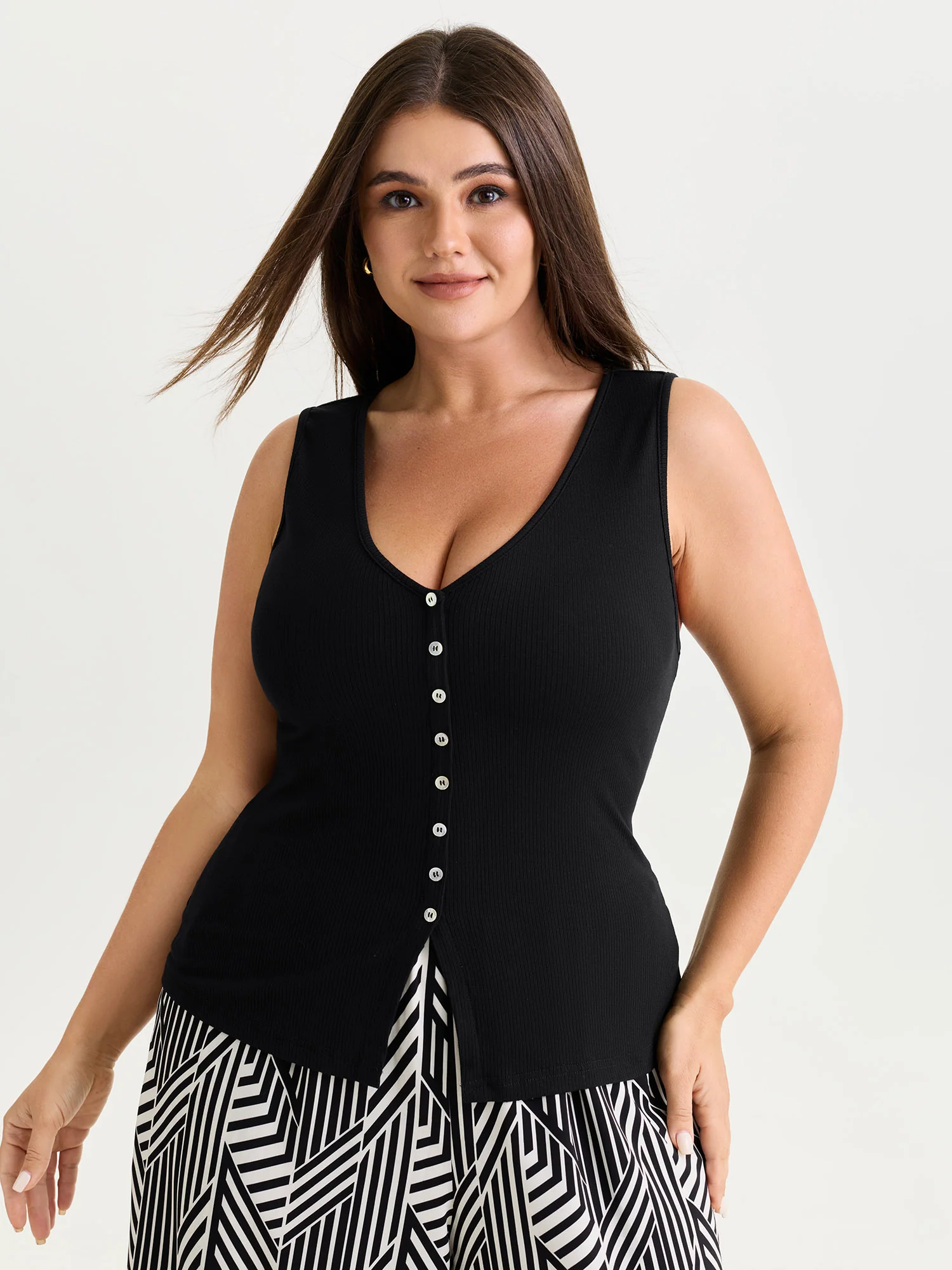Stretchy Button-Front Tunic Style Top