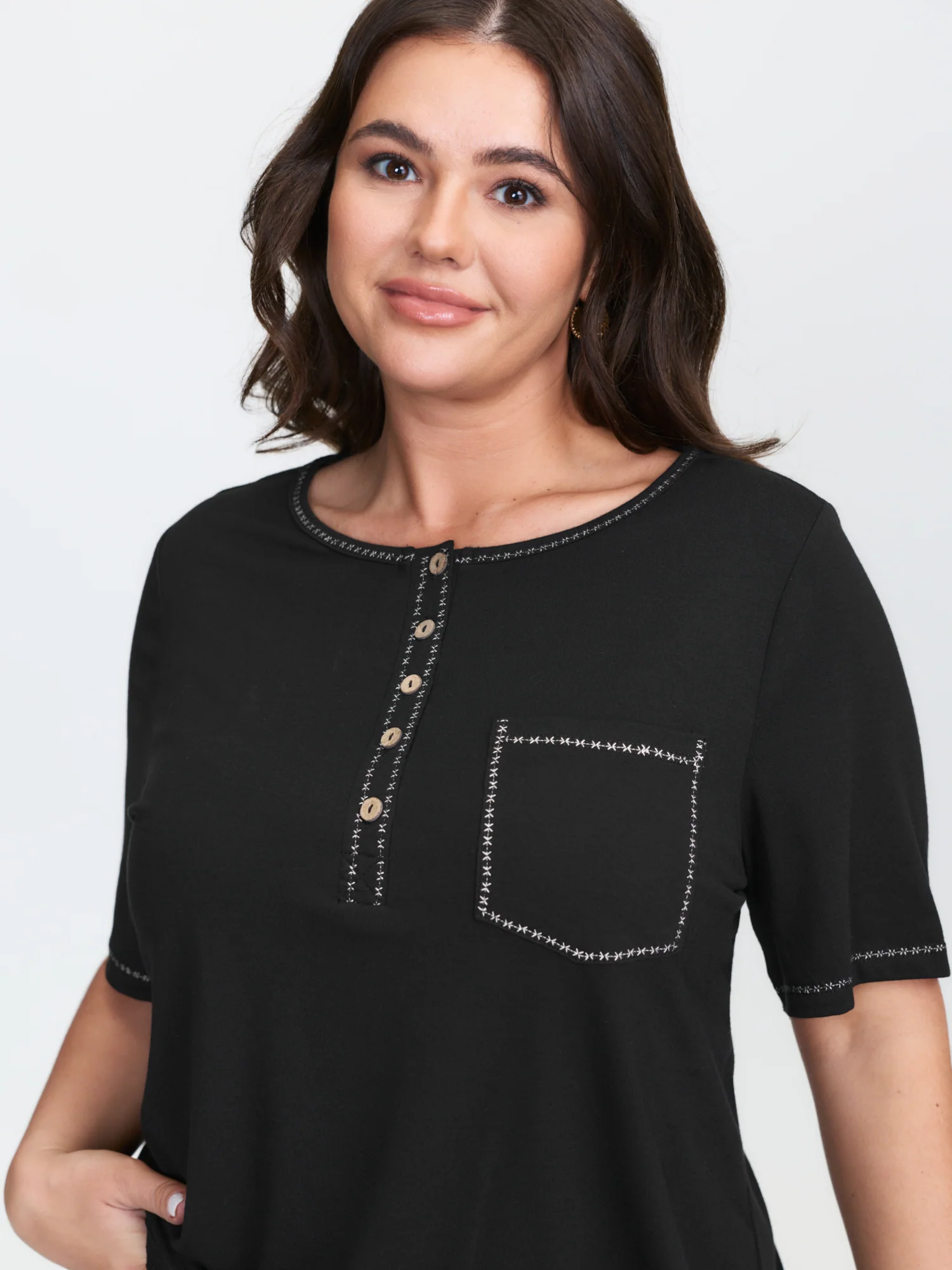 Stretchy Button Placket Plain T-Shirt - Image 2