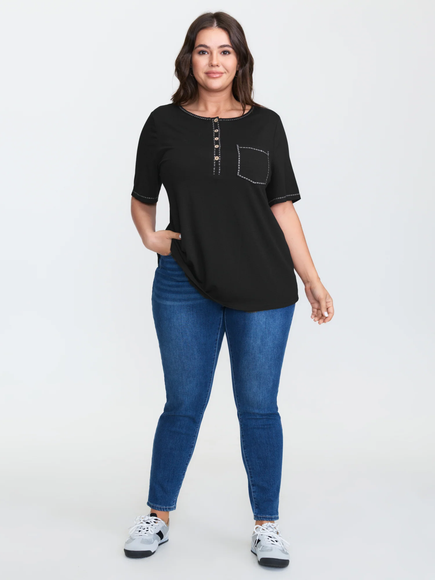 Stretchy Button Placket Plain T-Shirt - Image 3