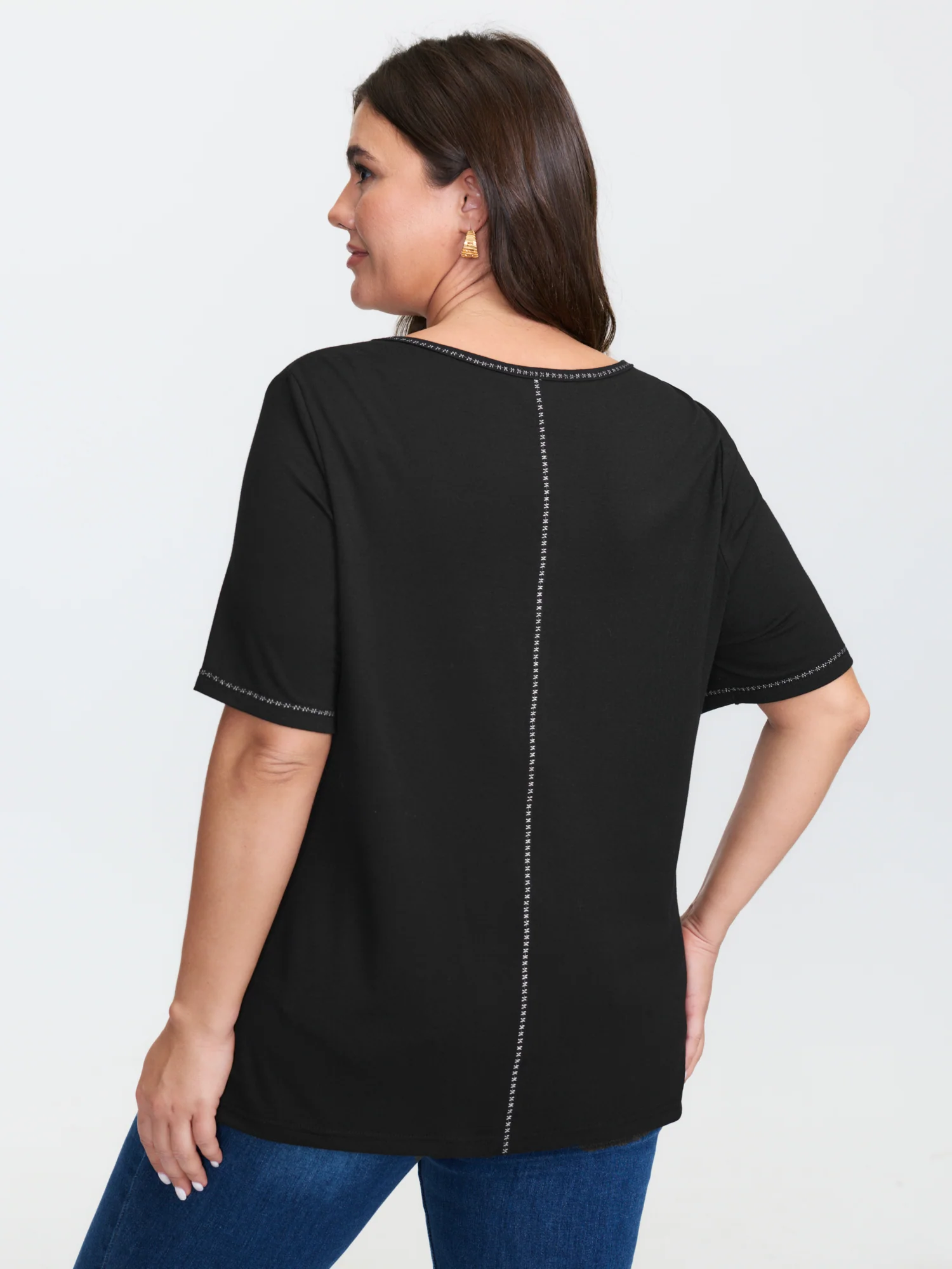 Stretchy Button Placket Plain T-Shirt - Image 5