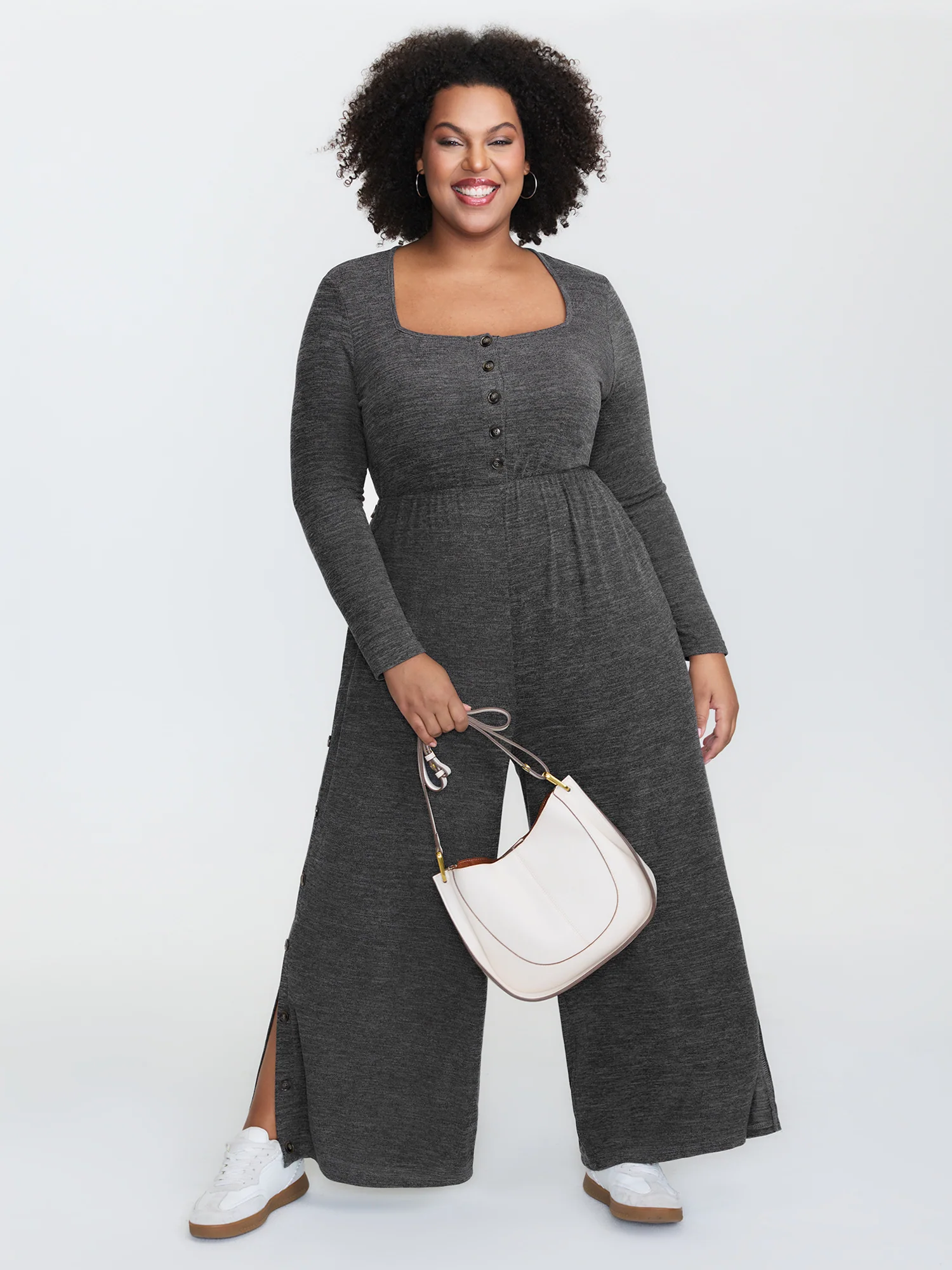 Stretchy Button Placket Wide-Leg Jumpsuit - Image 3