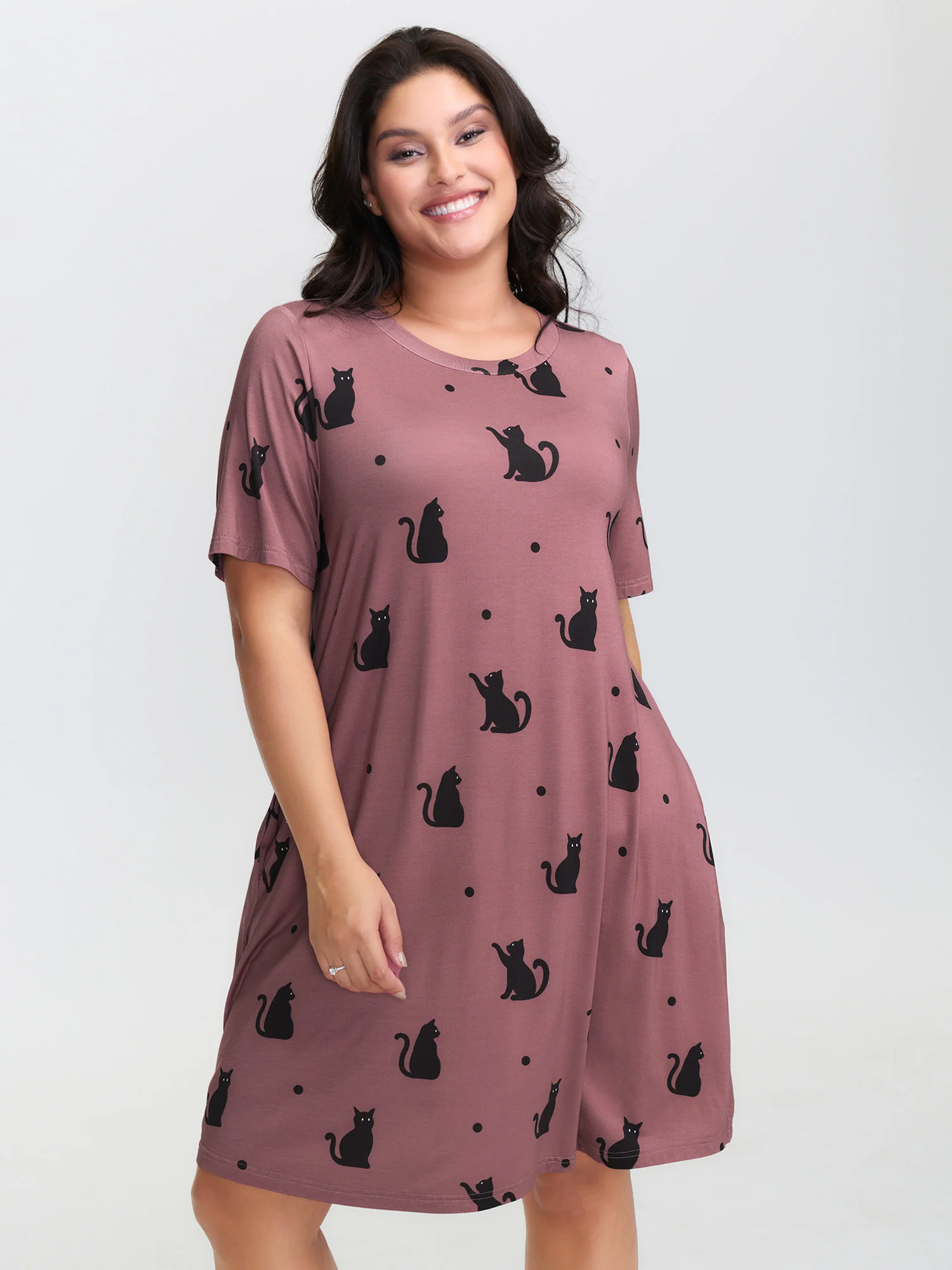 Stretchy Cat Print Round Neck Lounge Dress - Image 3