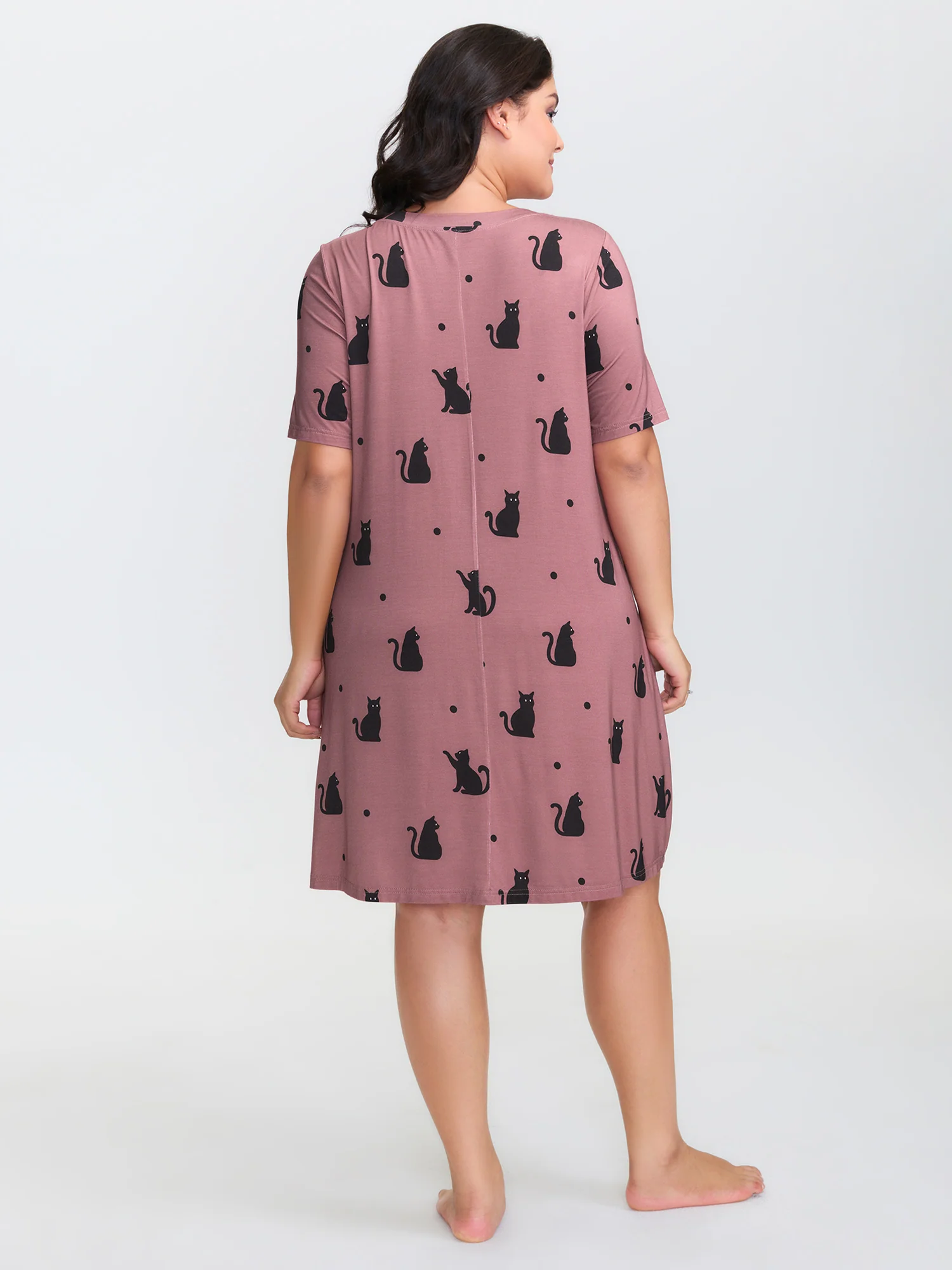 Stretchy Cat Print Round Neck Lounge Dress - Image 4