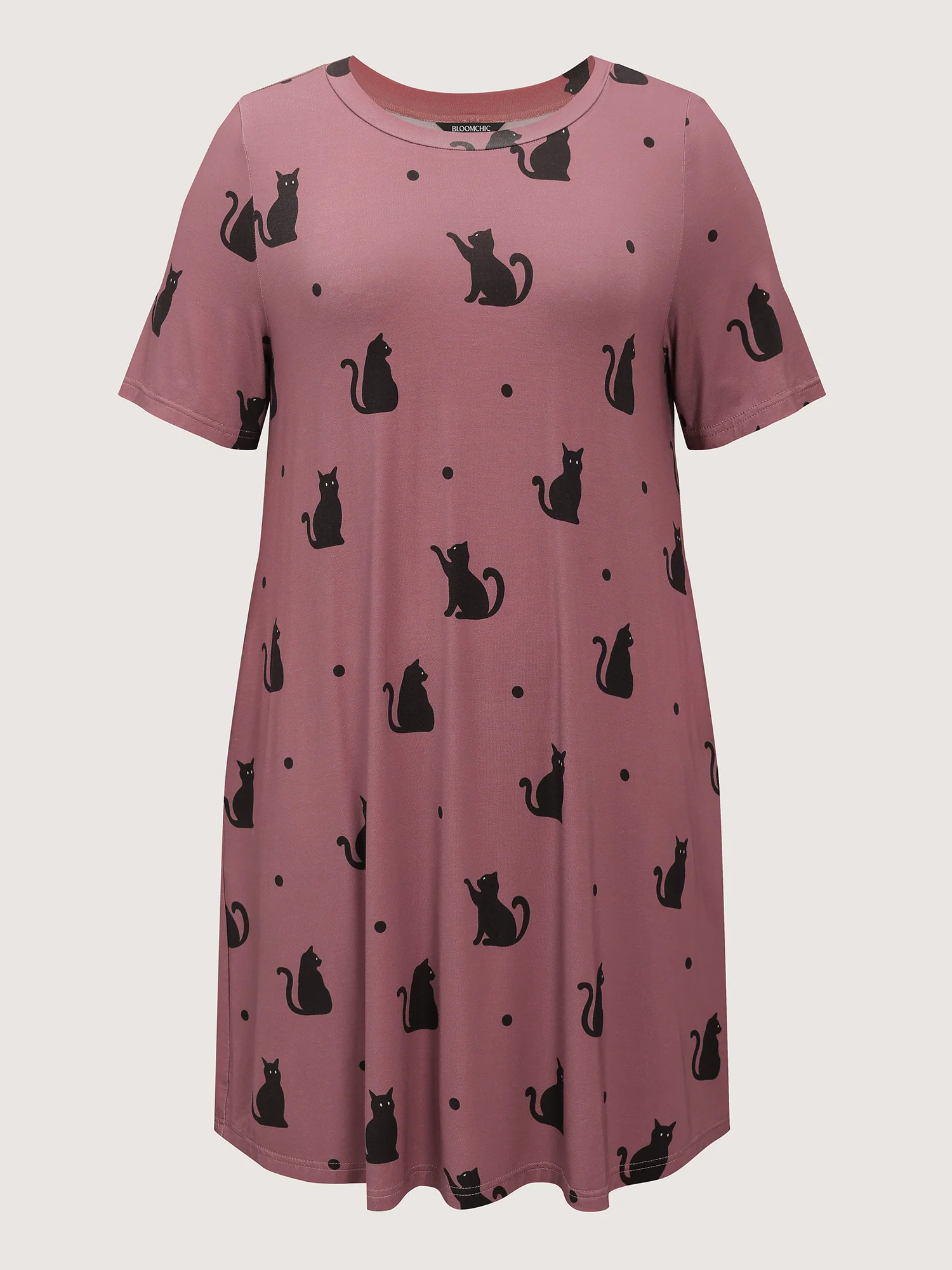 Stretchy Cat Print Round Neck Lounge Dress - Image 5