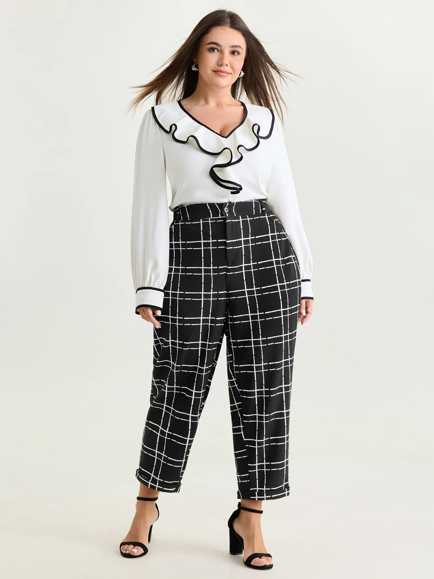 Stretchy Check Print Button Pants