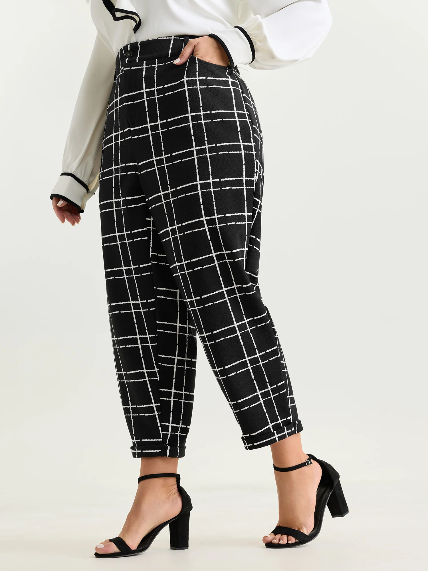 Stretchy Check Print Button Pants - Image 2