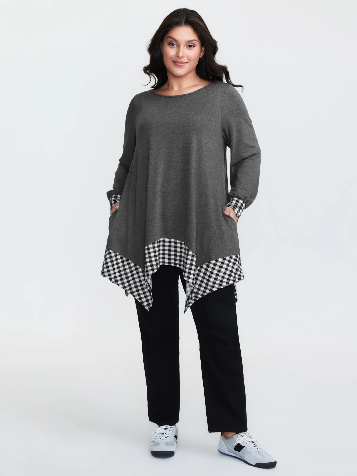 Supersoft Stretchy Checkered Asymmetrical Hem T-Shirt - Image 17
