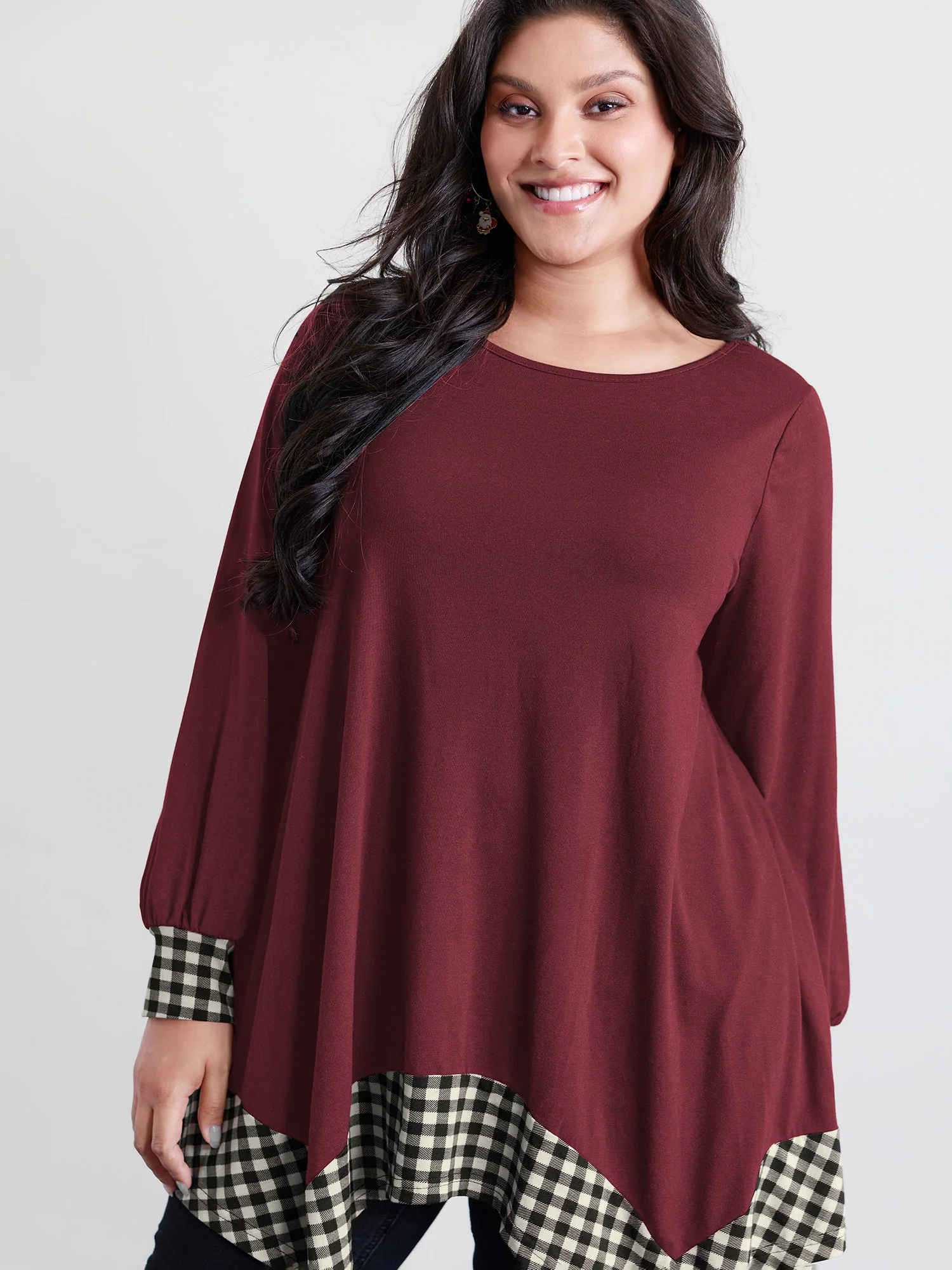 Supersoft Stretchy Checkered Asymmetrical Hem T-Shirt - Image 20