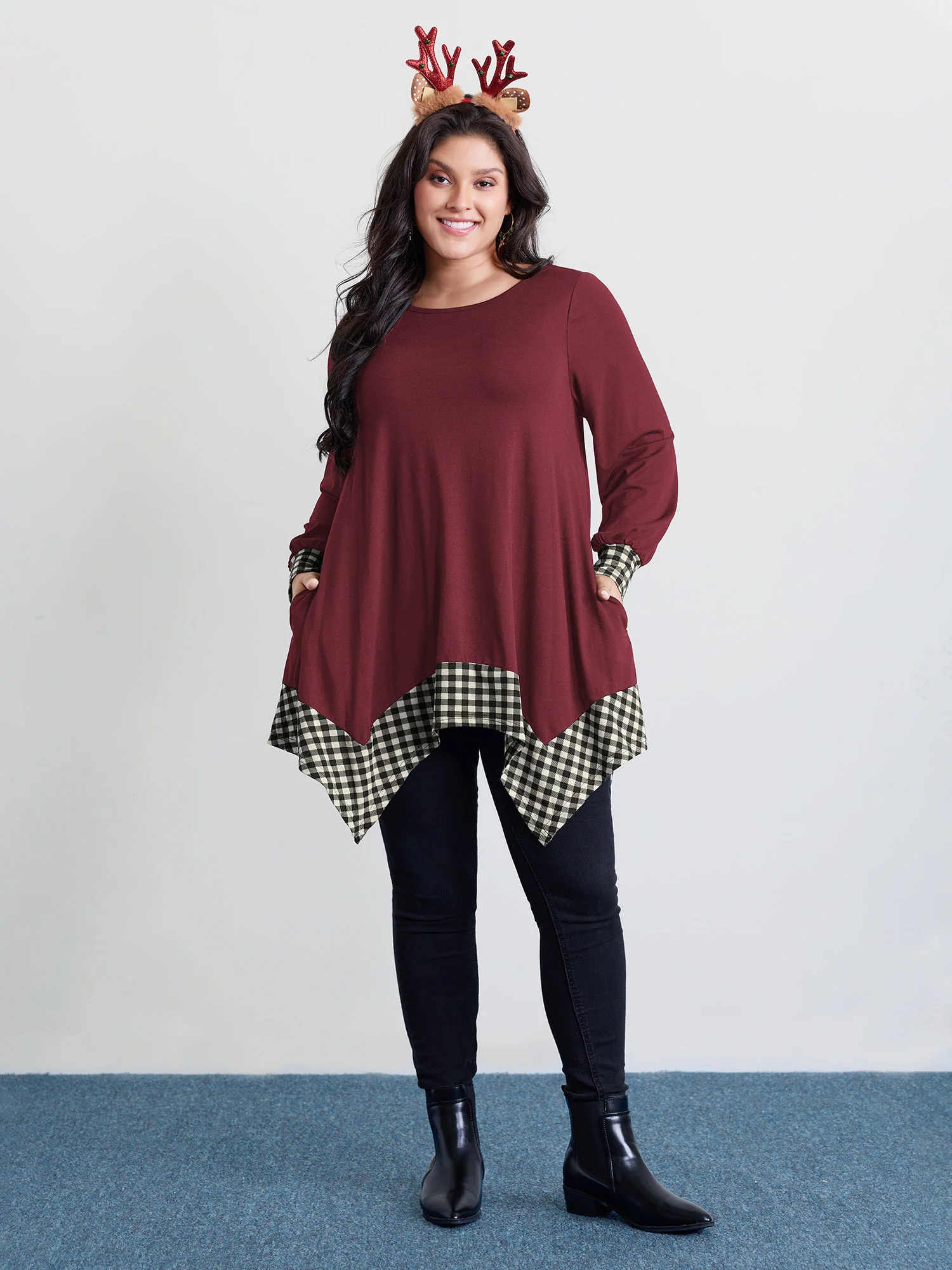 Supersoft Stretchy Checkered Asymmetrical Hem T-Shirt - Image 21