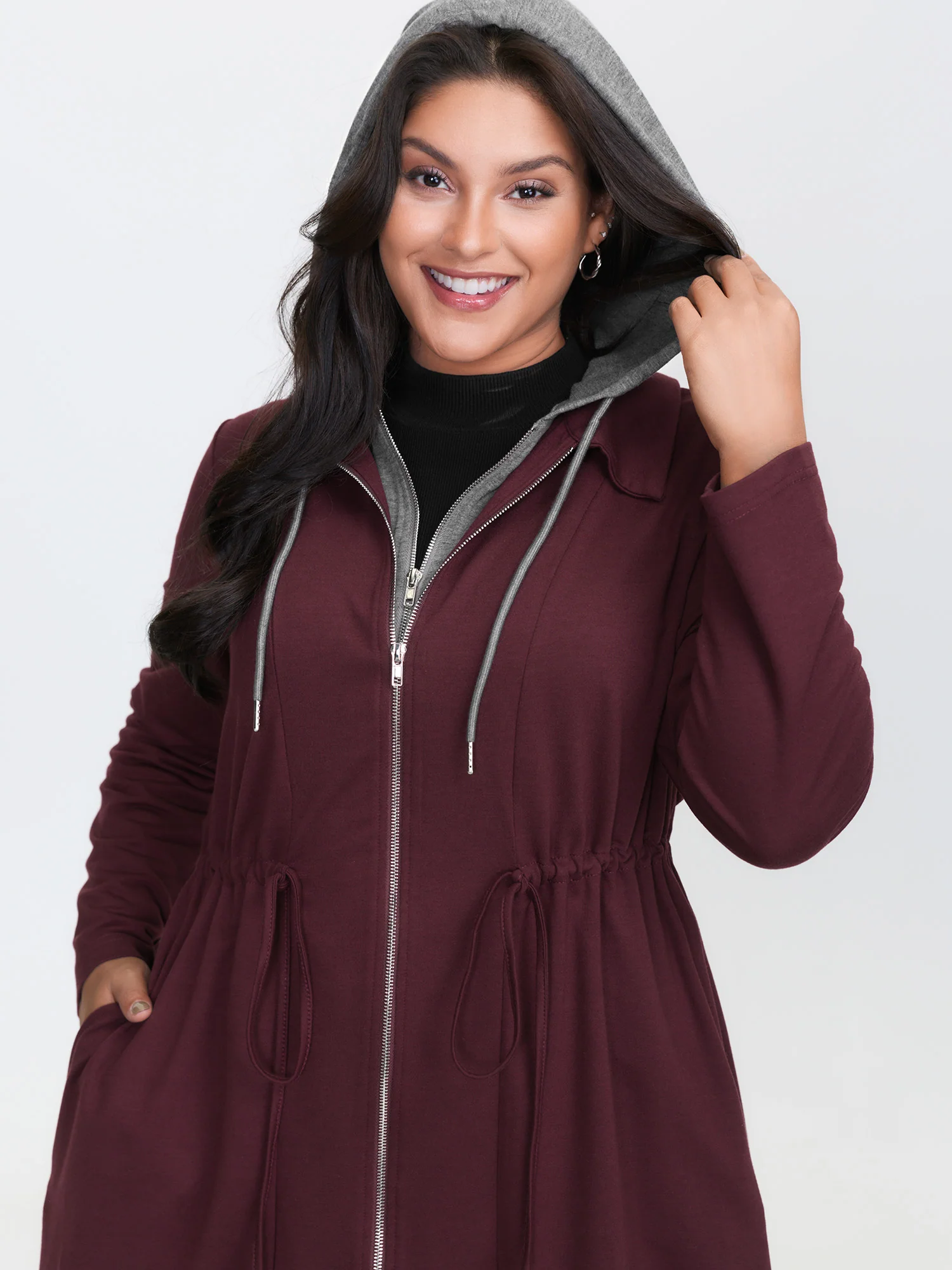 Stretchy Color Contrast Hooded Coat - Image 2