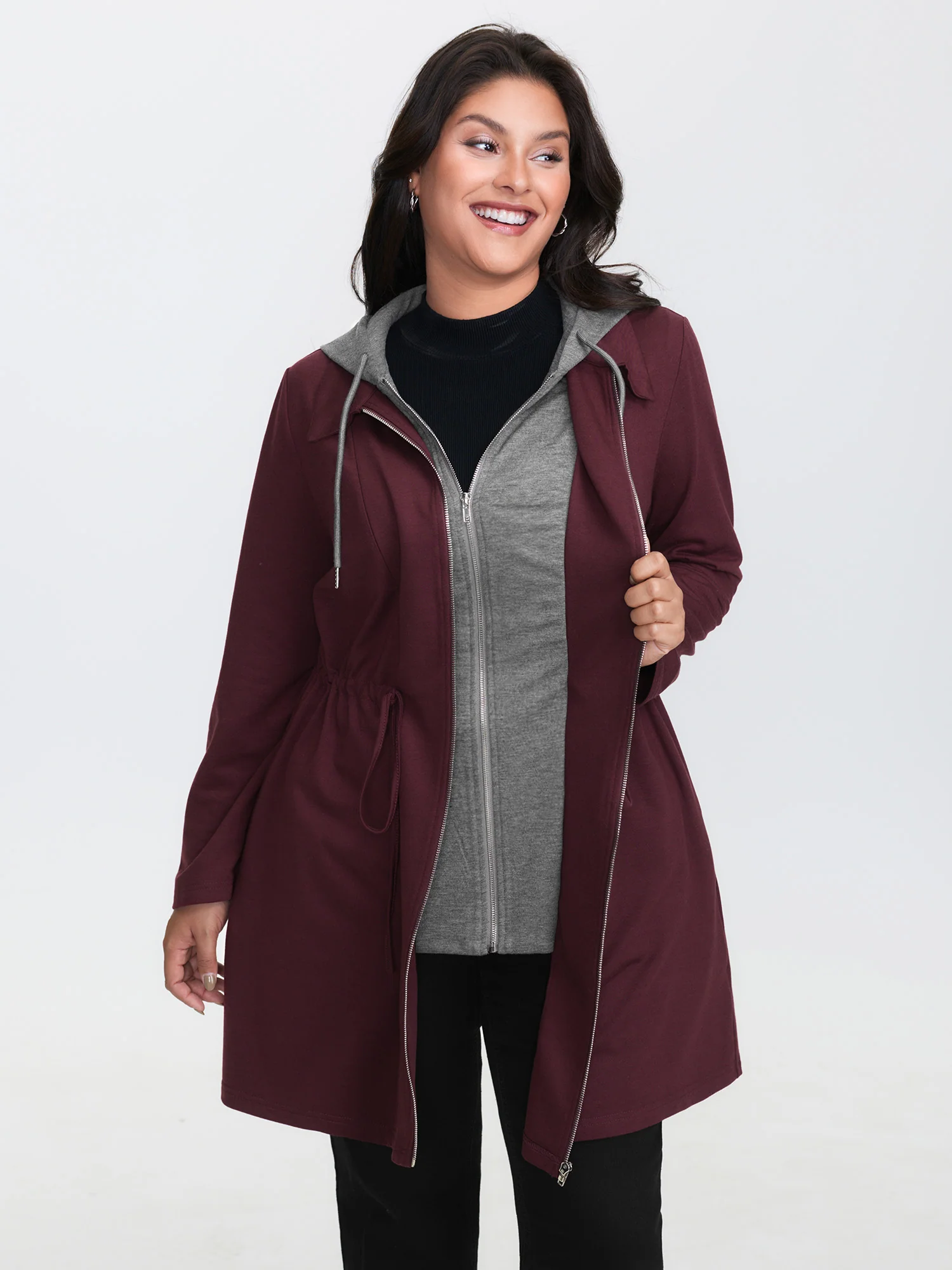 Stretchy Color Contrast Hooded Coat - Image 3