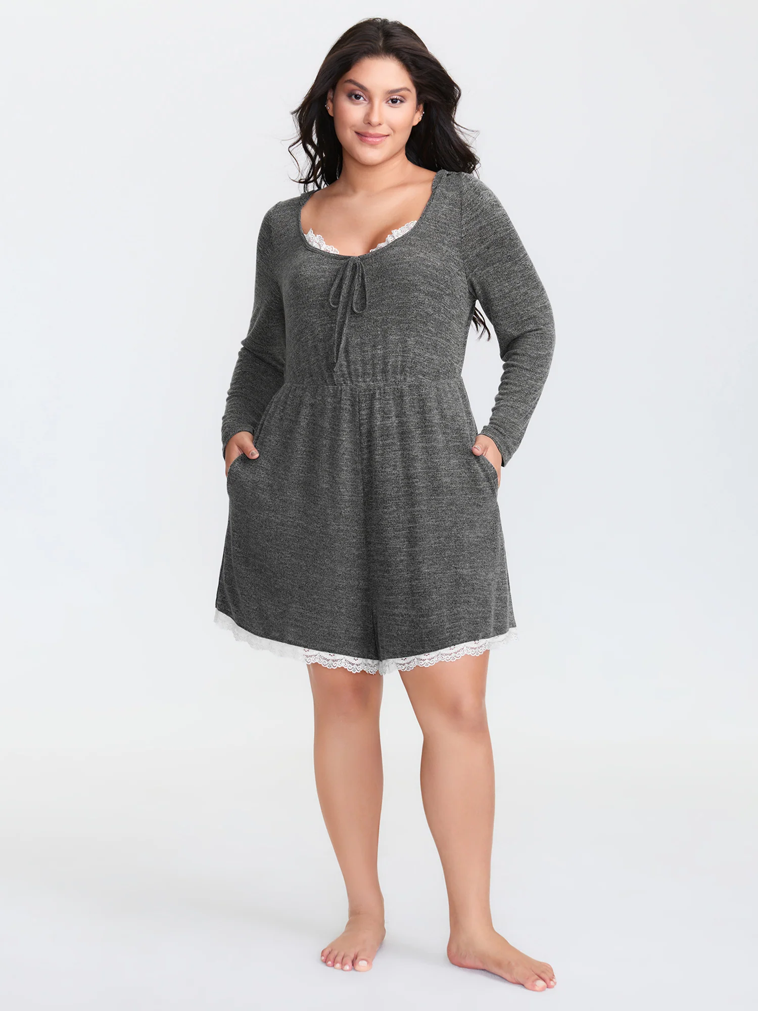 Stretchy Color Contrast Drawstring Pajama Romper - Image 2
